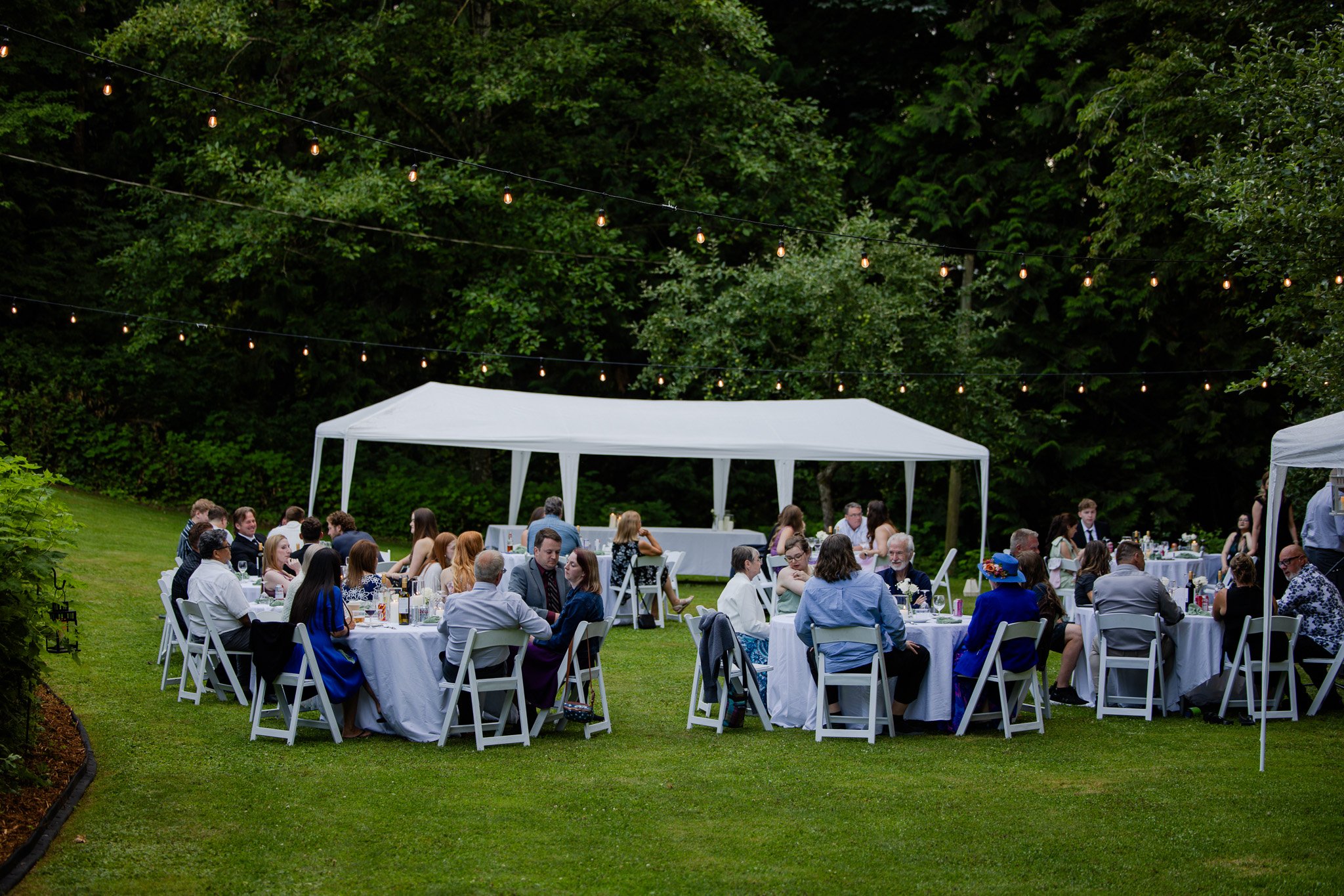 An outdoor wedding reception or celebration with many guests seated at round tables with white tablecloths. The event is set on a grassy area surrounded by lush green trees. String lights hang overhead, creating a warm and festive atmosphere.