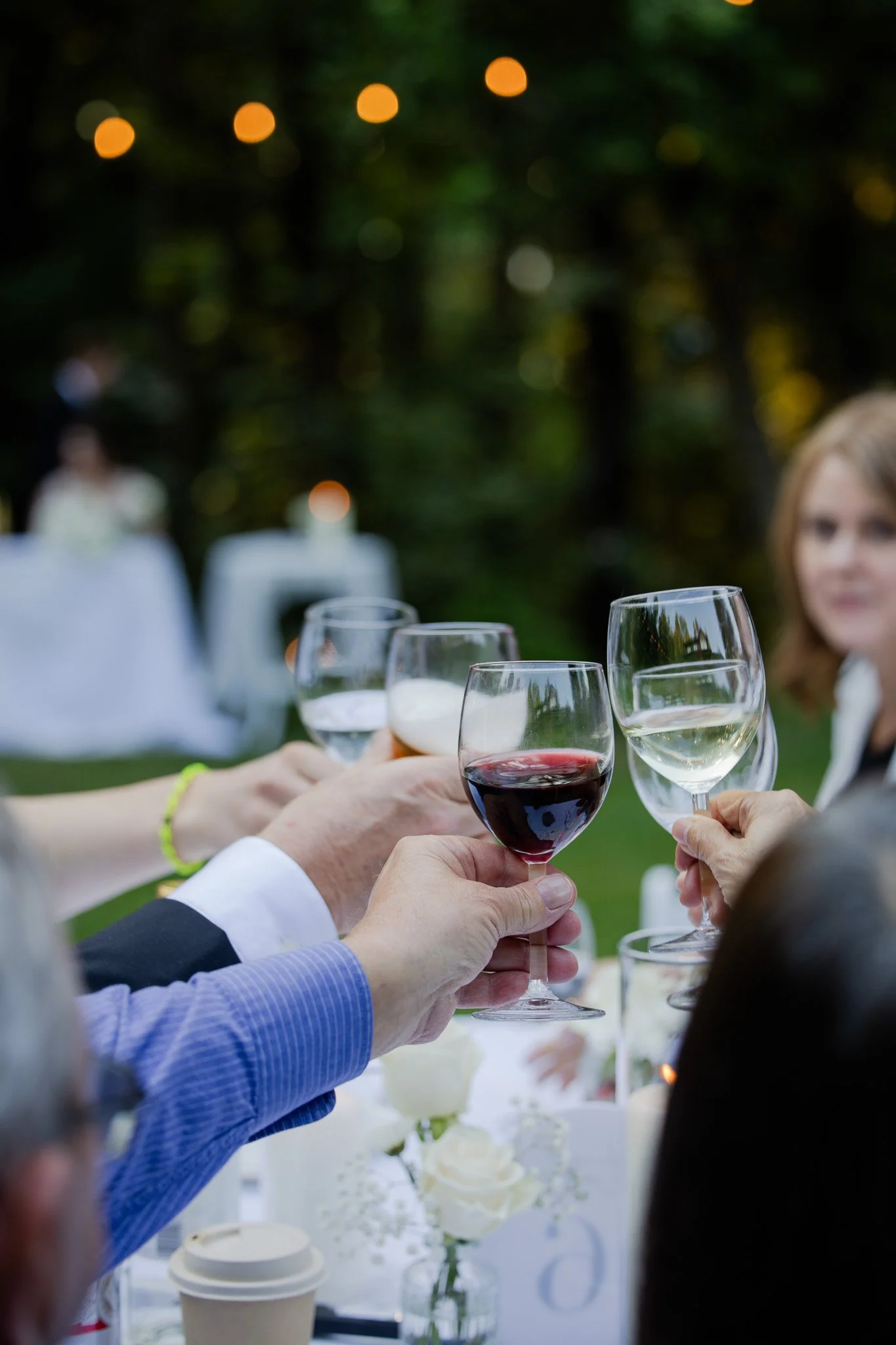 People clinking glasses of red and white wine at an outdoor celebration with tables, flowers, and blurred string lights in the background.