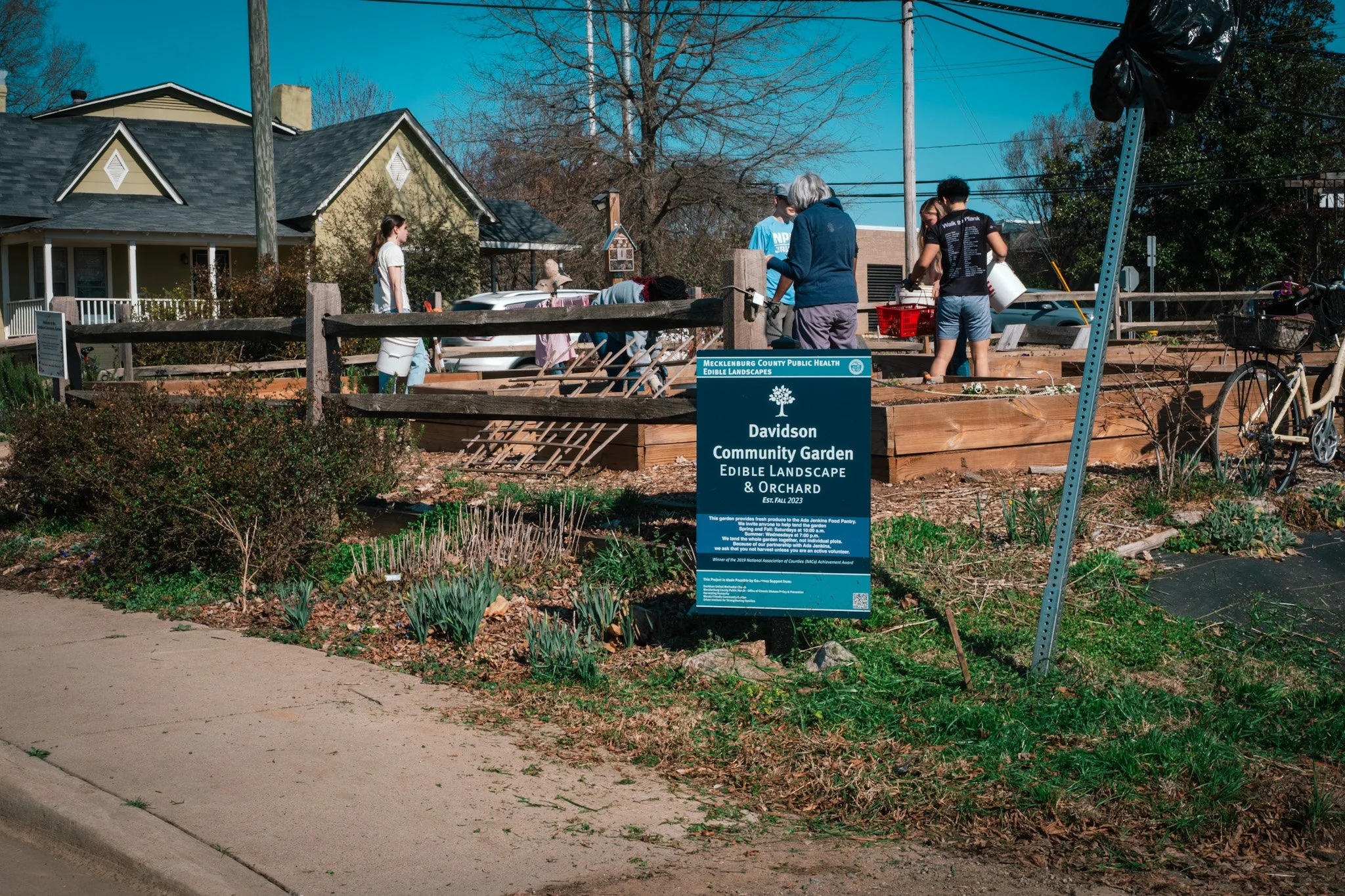 People working in a community garden with a sign that reads 'Davidson Community Garden Edible Landscape & Orchard' in Davidson, North Carolina on a sunny day.