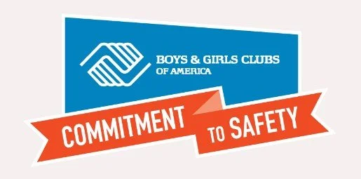 Logo of Boys & Girls Clubs of America with a blue background and a white handshake icon, accompanied by a red banner that reads 'Commitment to Safety.'