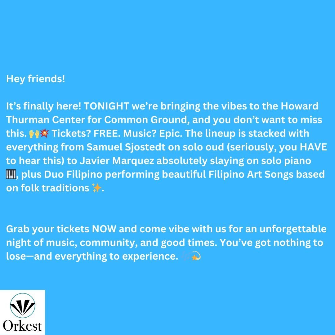 Hey friends!

It&rsquo;s finally here! TONIGHT we&rsquo;re bringing the vibes to the Howard Thurman Center for Common Ground, and you don&rsquo;t want to miss this. 🙌💥 Tickets? FREE. Music? Epic. The lineup is stacked with everything from Samuel Sj