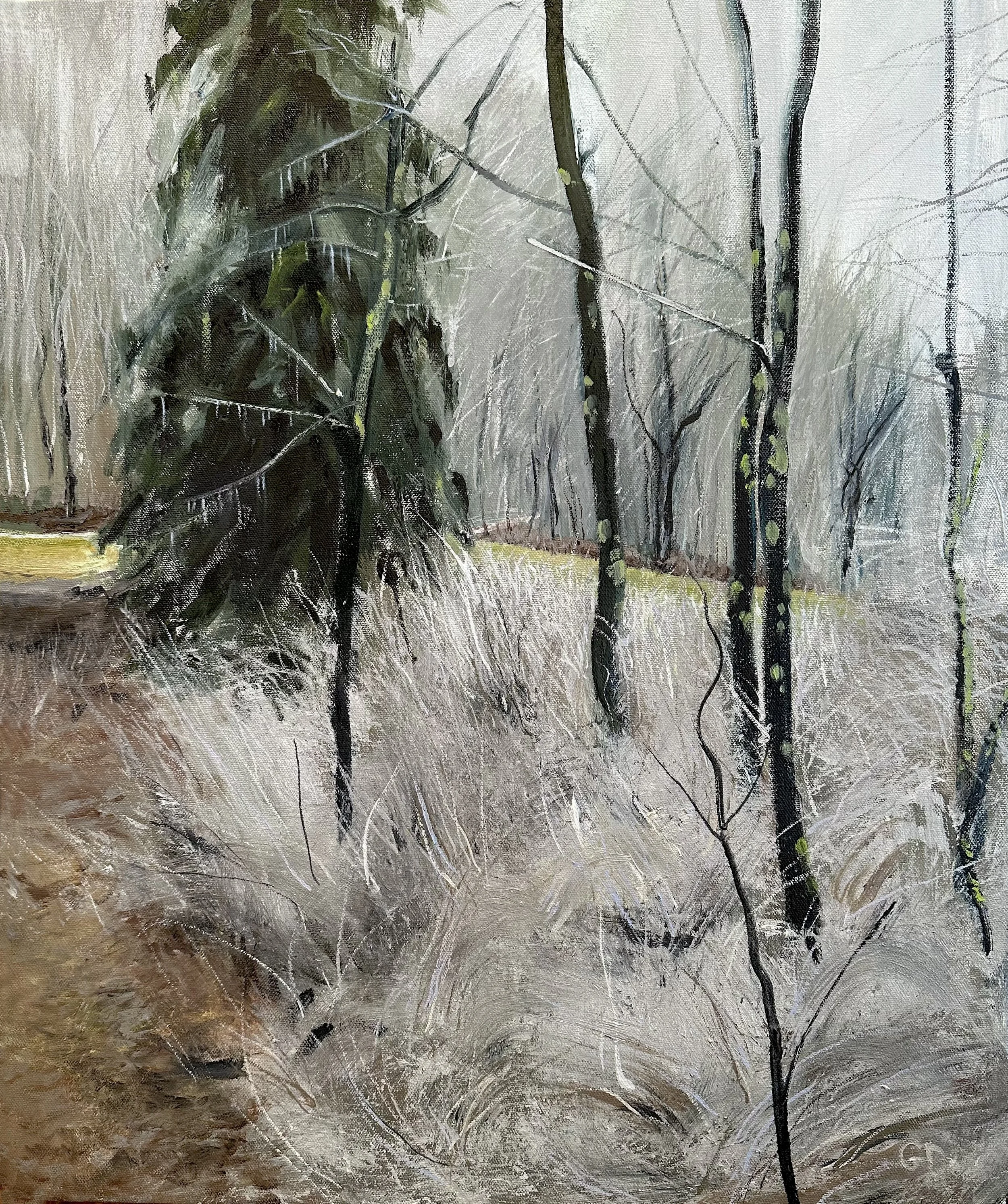 A painting of a leafless tree with black branches and new green buds on a foggy, muted background.
