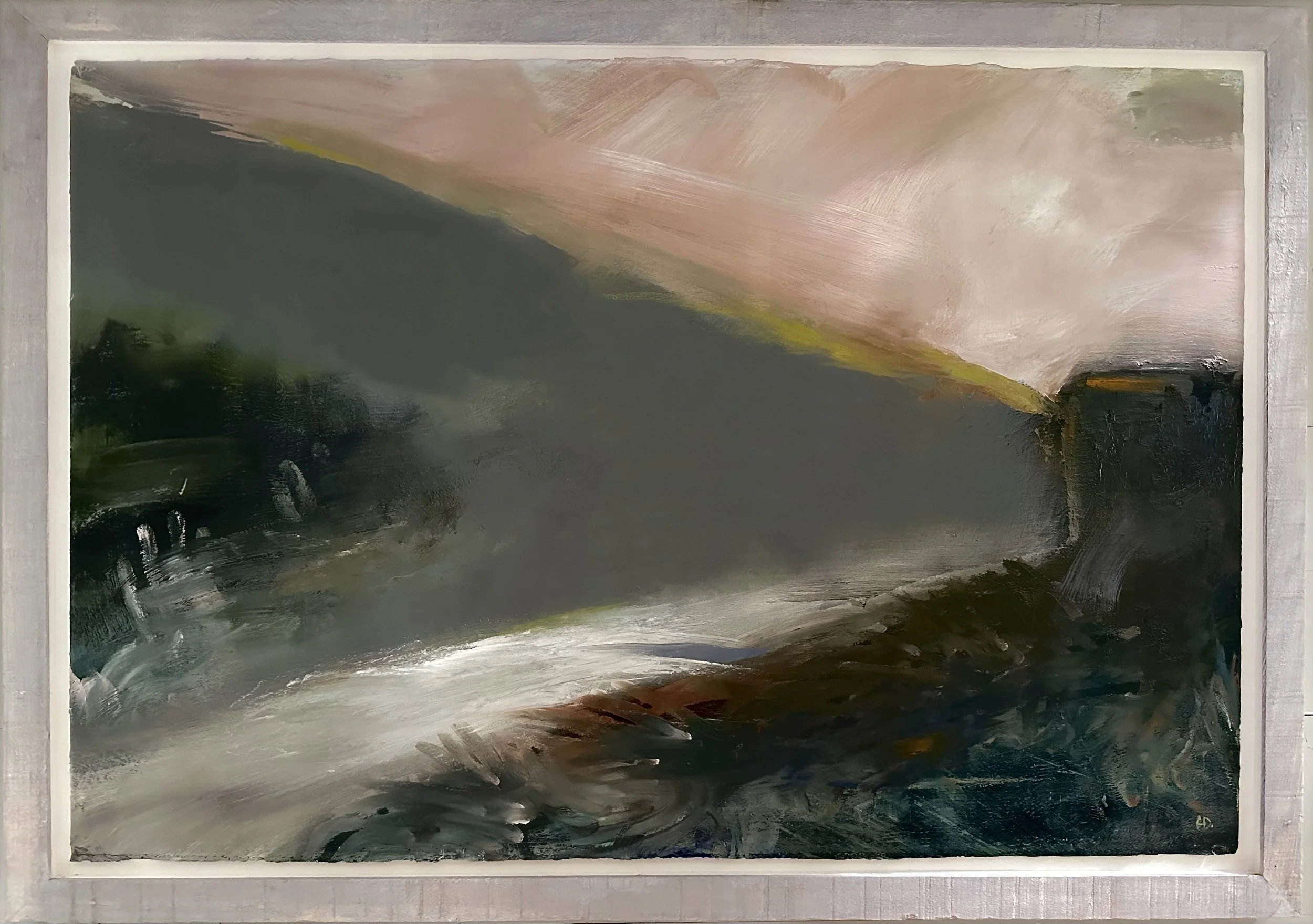 An abstract painting with broad, expressive brushstrokes. The upper part features soft pink and beige tones, while the middle has a large dark greenish-gray section blending into black. The bottom part contains dark colors with hints of white and mustard yellow.