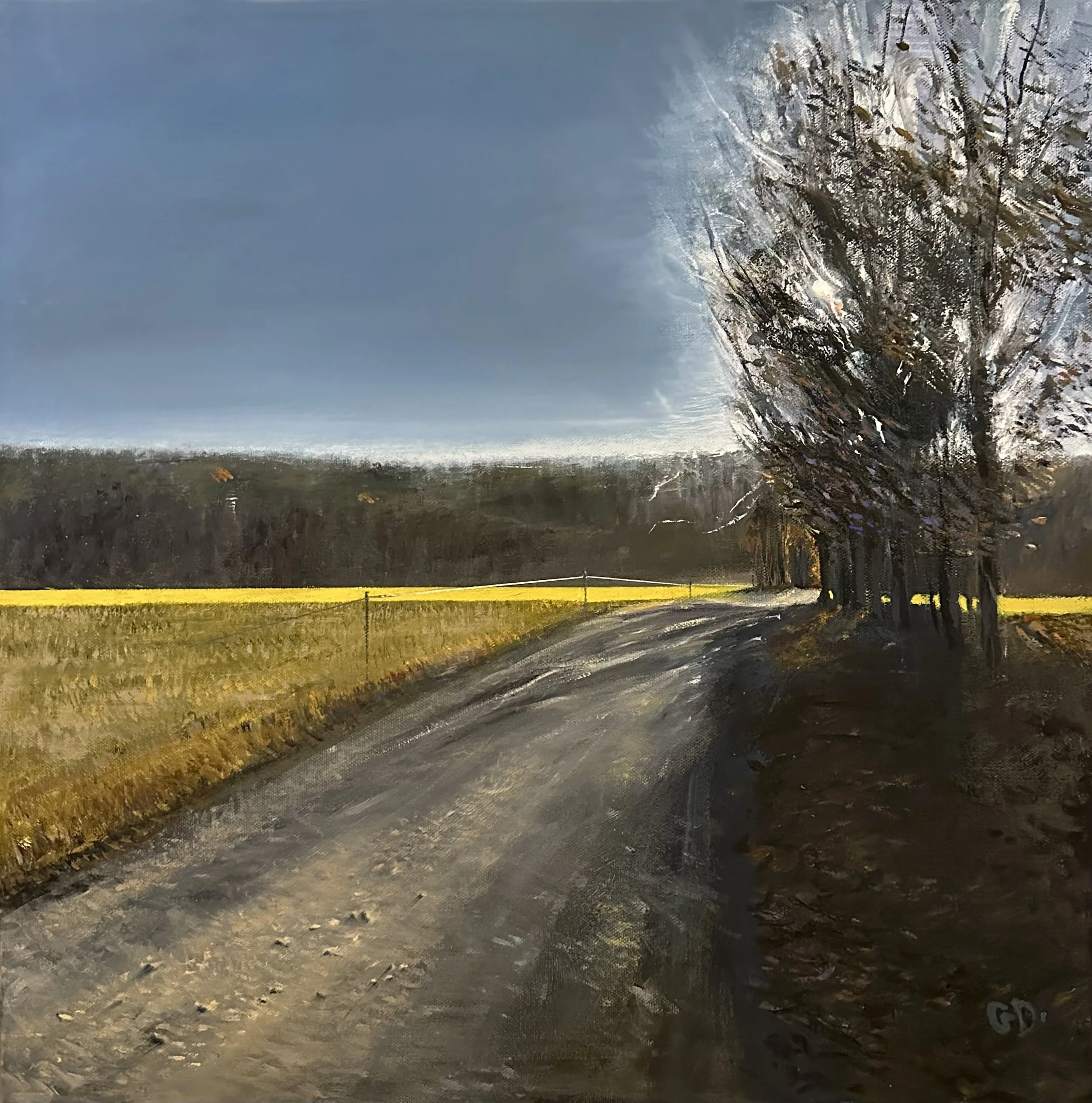 An impressionistic painting of a rural scene with overcast sky, leafless trees, a pathway, grassy area, and a distant fence, using broad brushstrokes and muted colors.