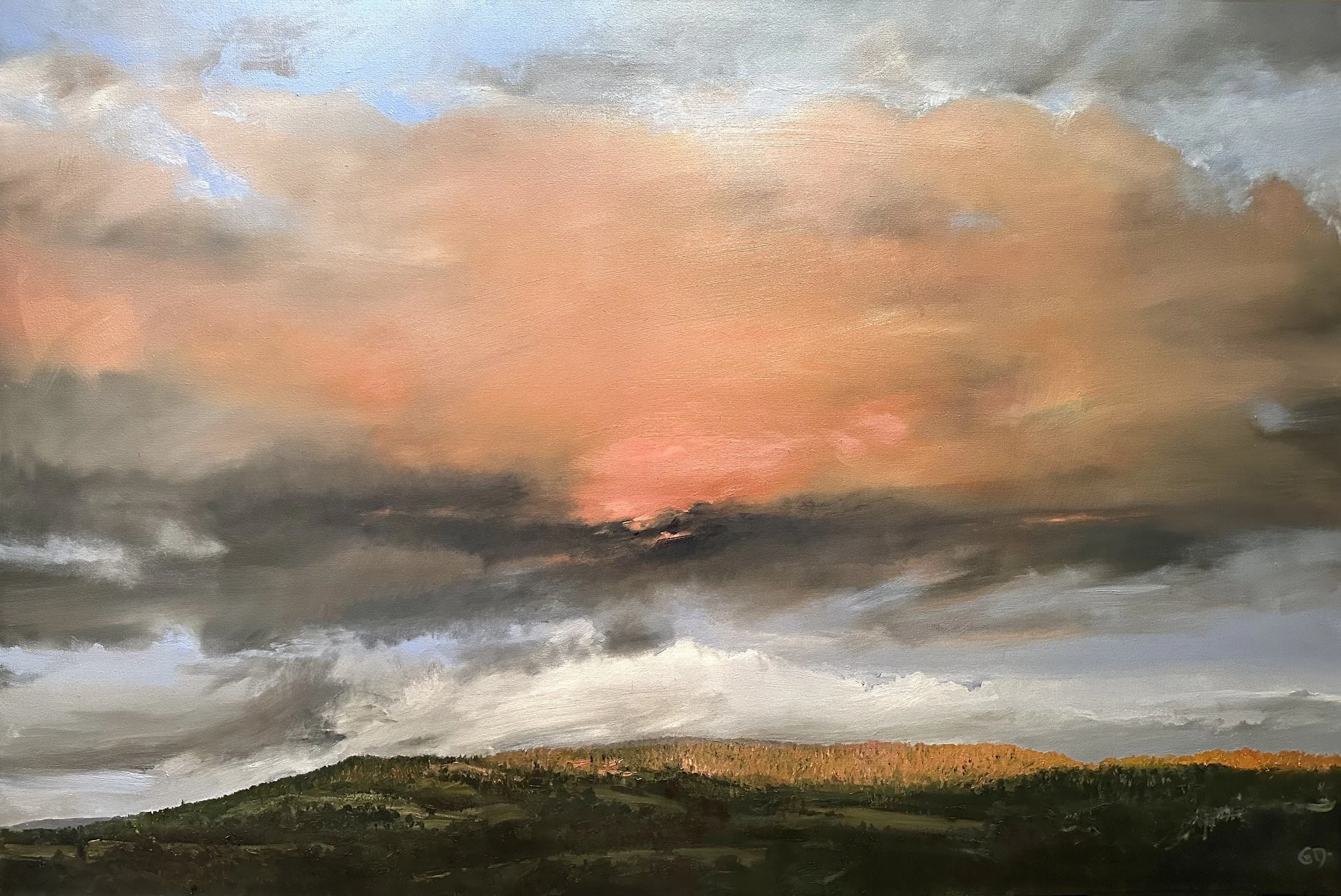 A landscape painting of a sunset with large dark clouds in the sky, orange and pink hues near the horizon, and a strip of land with vegetation in the foreground.
