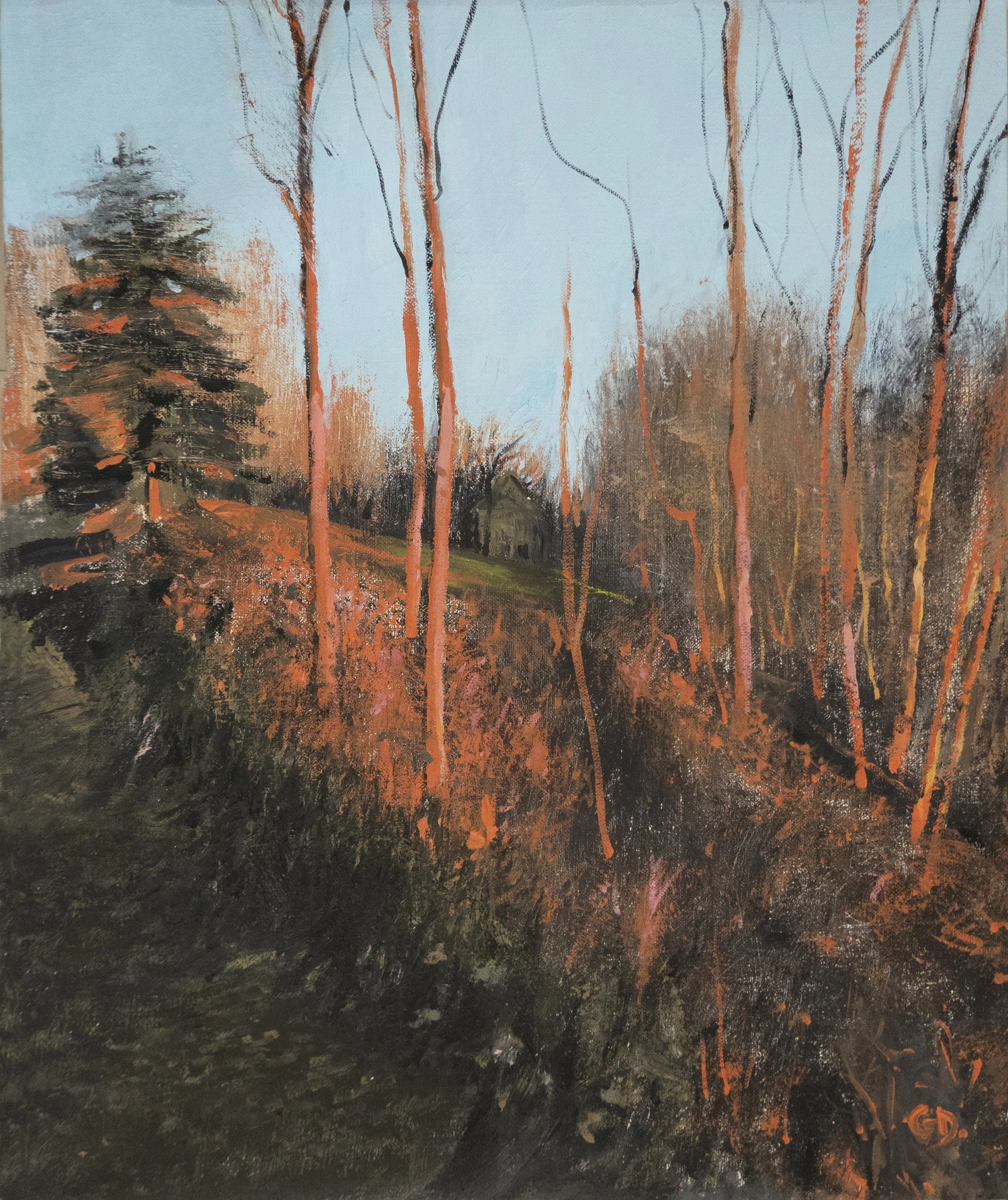 A landscape painting of a forest scene at dusk, with tall, thin trees with orange trunks against a pale blue sky, and a dark ground with hints of green. There is a large pine tree on the left and a small house near the center.