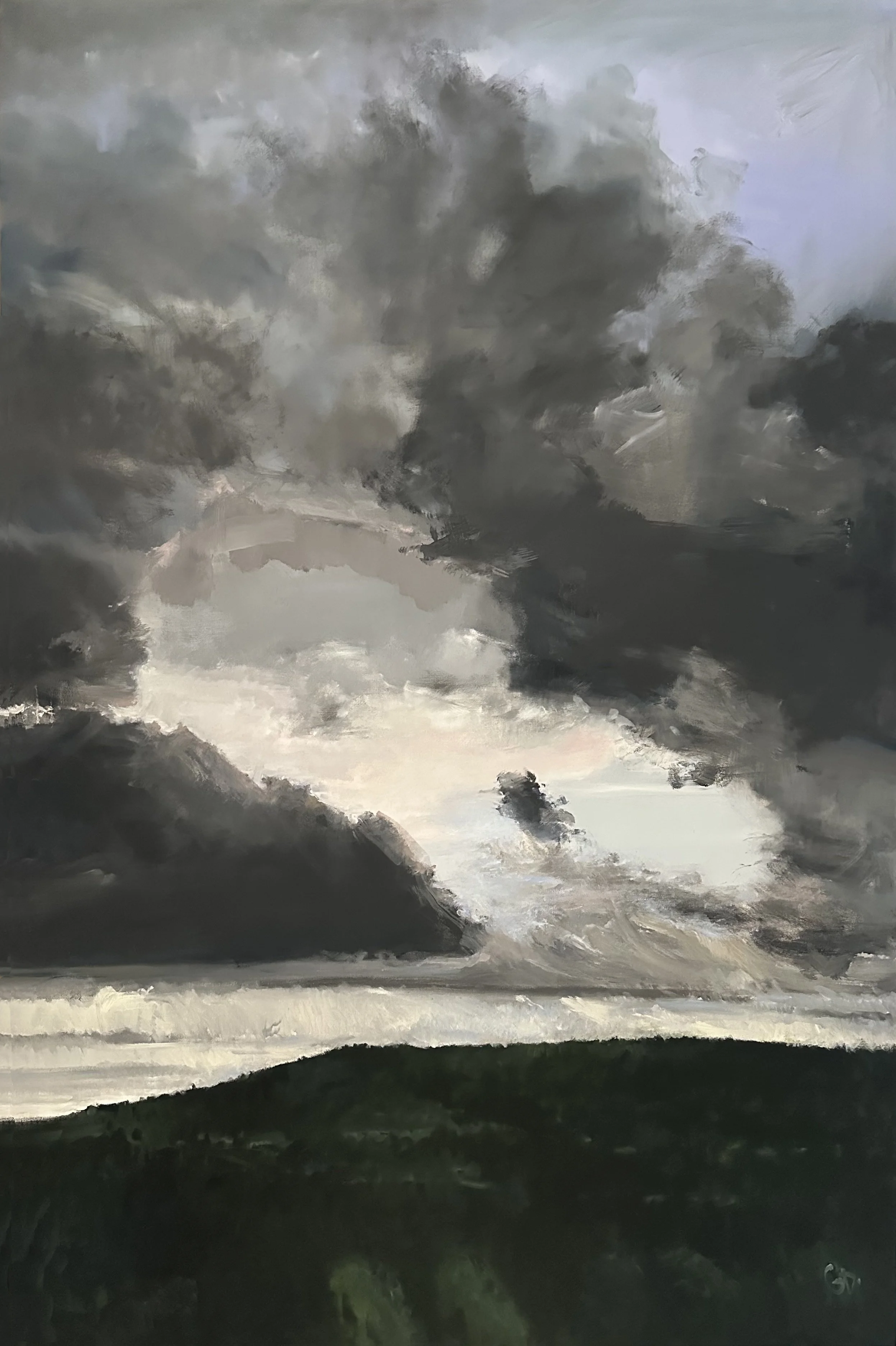 A moody landscape painting of dark storm clouds over rolling hills with a dark foreground.