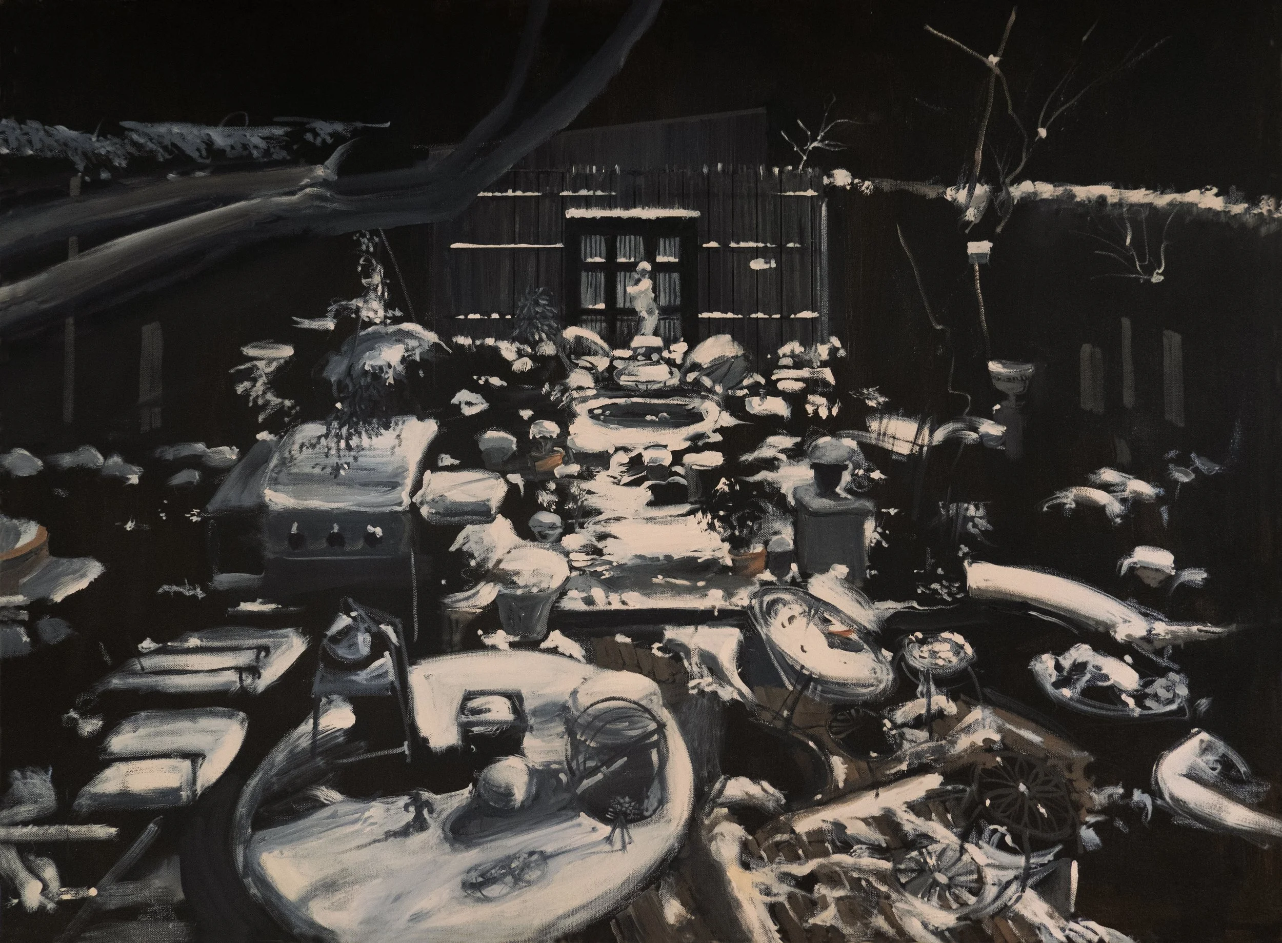 A monochromatic painting on canvas depicting a cozy indoor scene with a kitchen and dining area, featuring a stove, tables, chairs, and household items, all rendered in black and white with expressive brushstrokes.