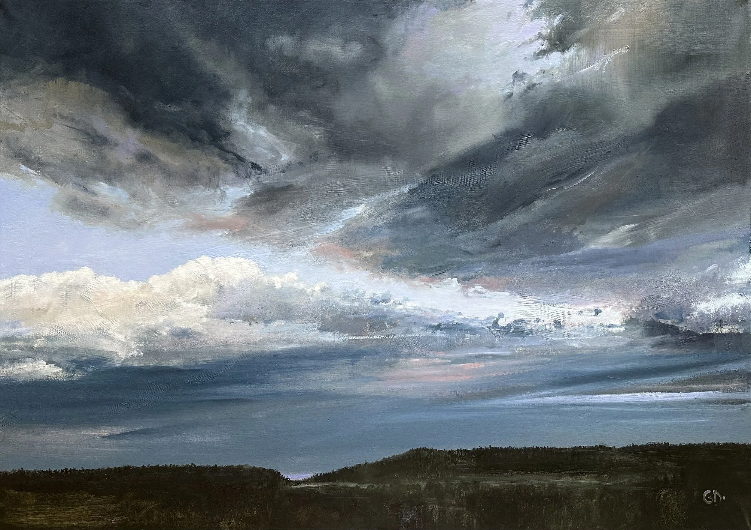 A painting of a dark, stormy sky with heavy clouds over a landscape with a silhouette of trees and hills at the bottom.