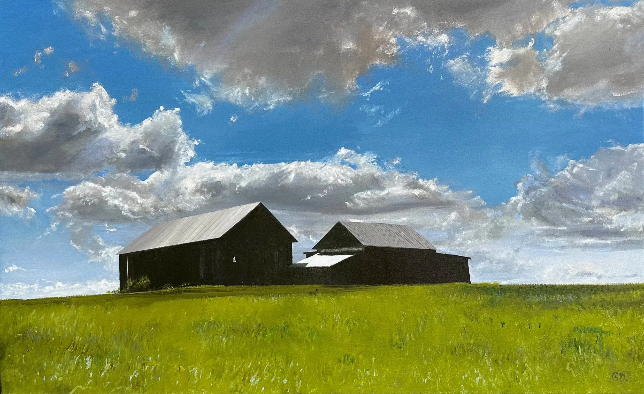 A painting of farm buildings with dark roofs set against a large, partly cloudy blue sky and a green grassy field in the foreground.