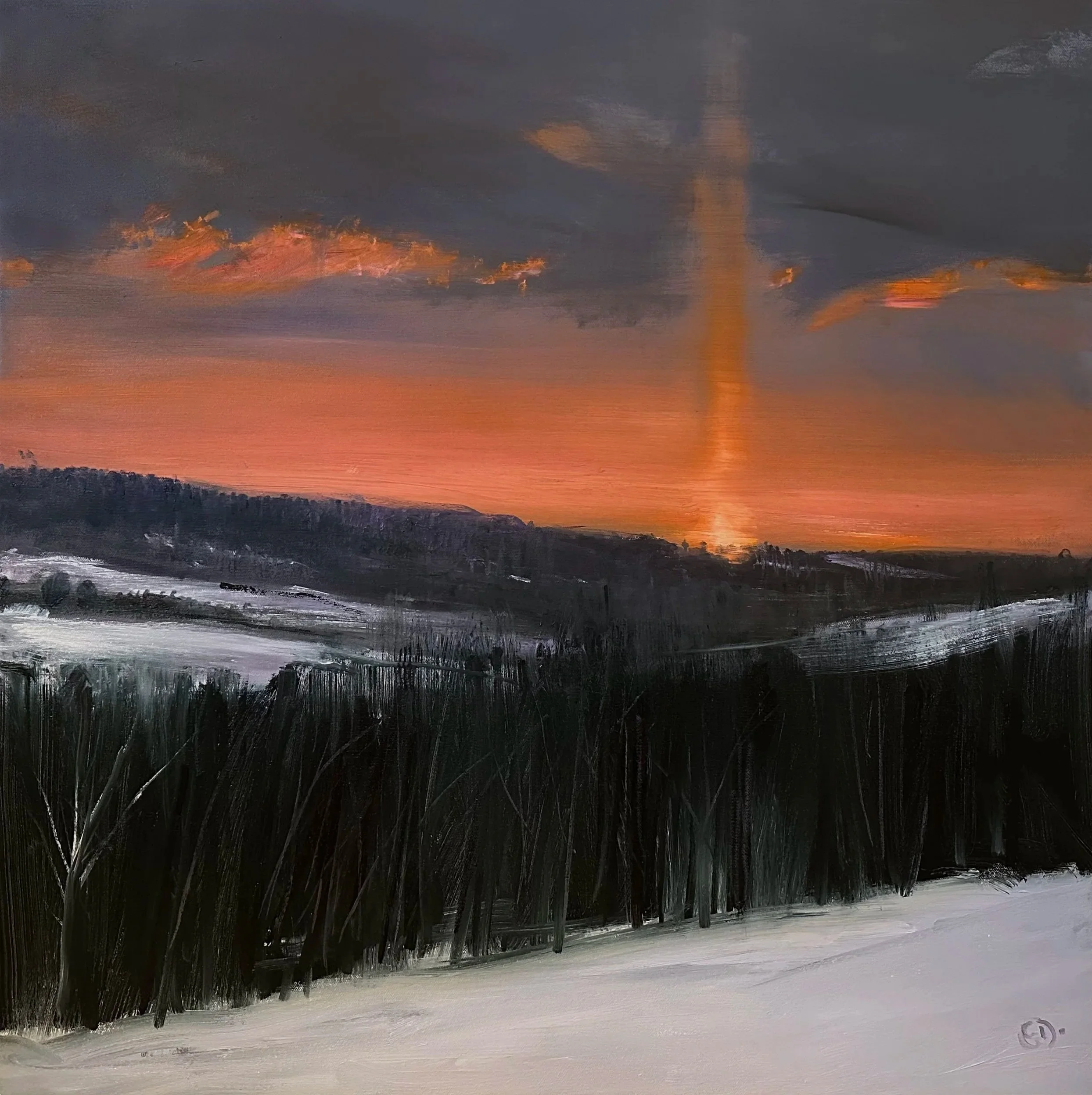 Painting of a sunset or sunrise with a sky featuring dark clouds illuminated by orange and pink hues, reflected on a body of water below, with a dark silhouette of a forest or trees at the bottom.