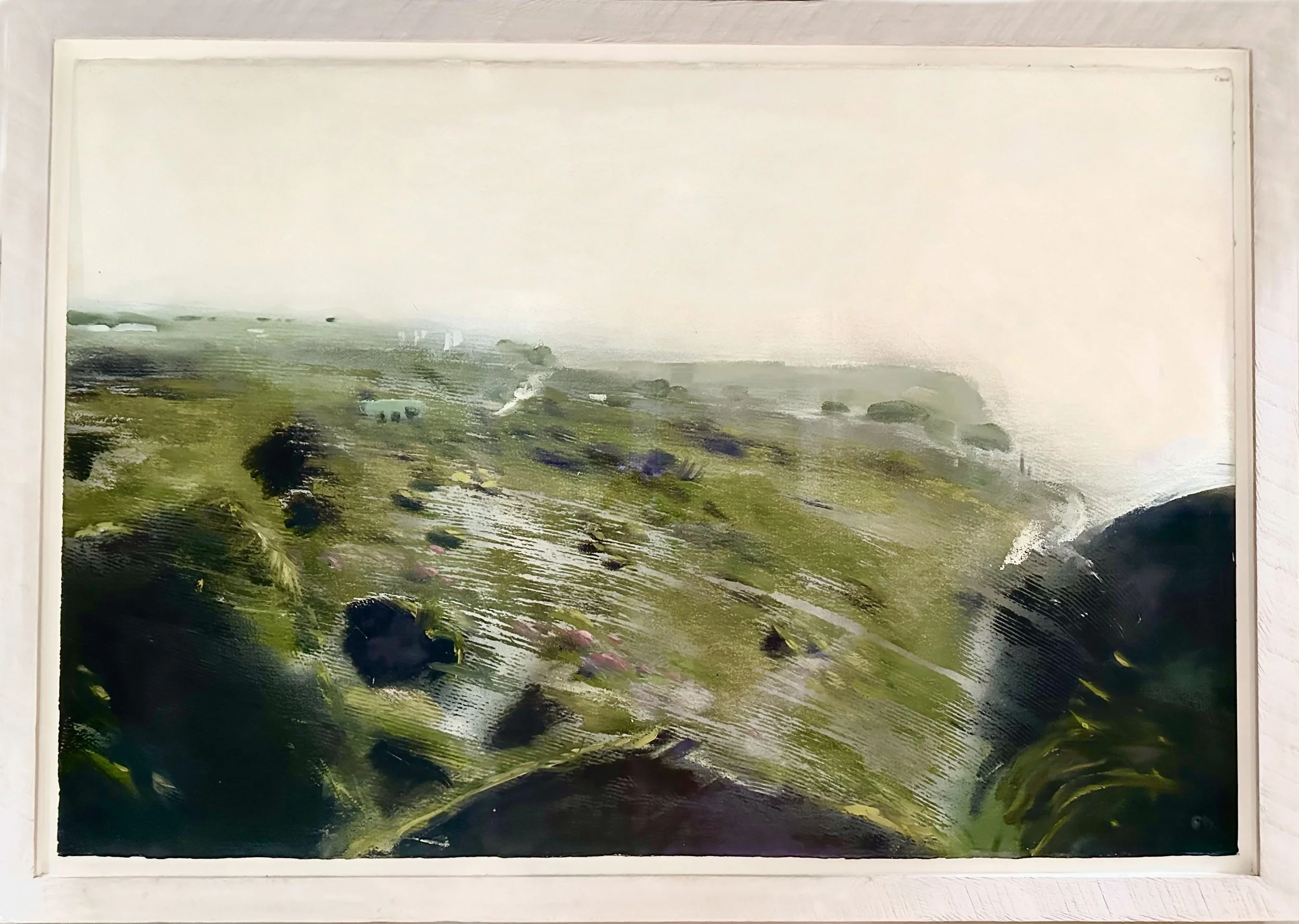 A landscape painting of a field with trees in the distance, painted in an impressionistic style with green, purple, and black hues, framed with white matting.