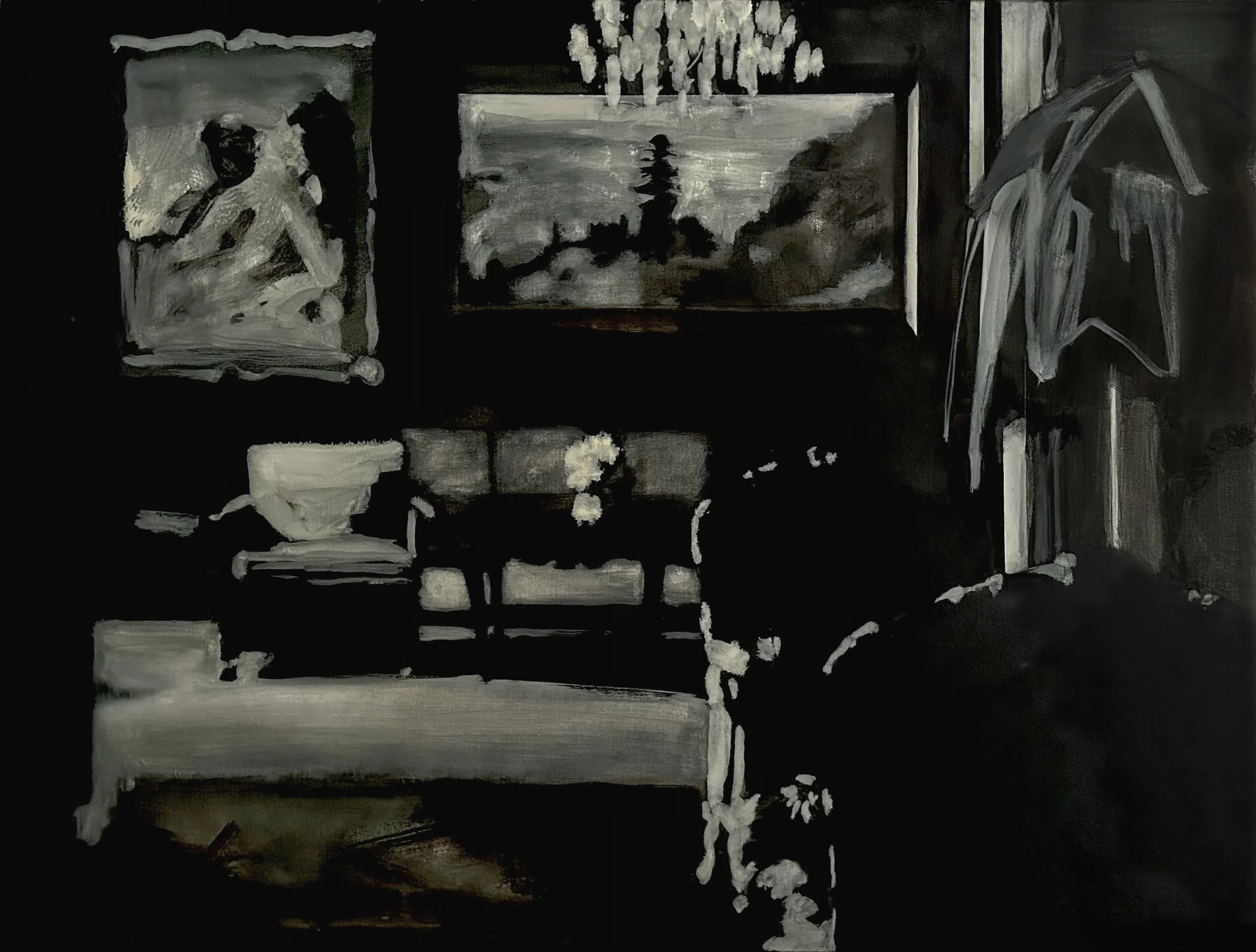 Black and white abstract painting with various shapes, textures, and shades of gray, with some areas darker and others lighter.