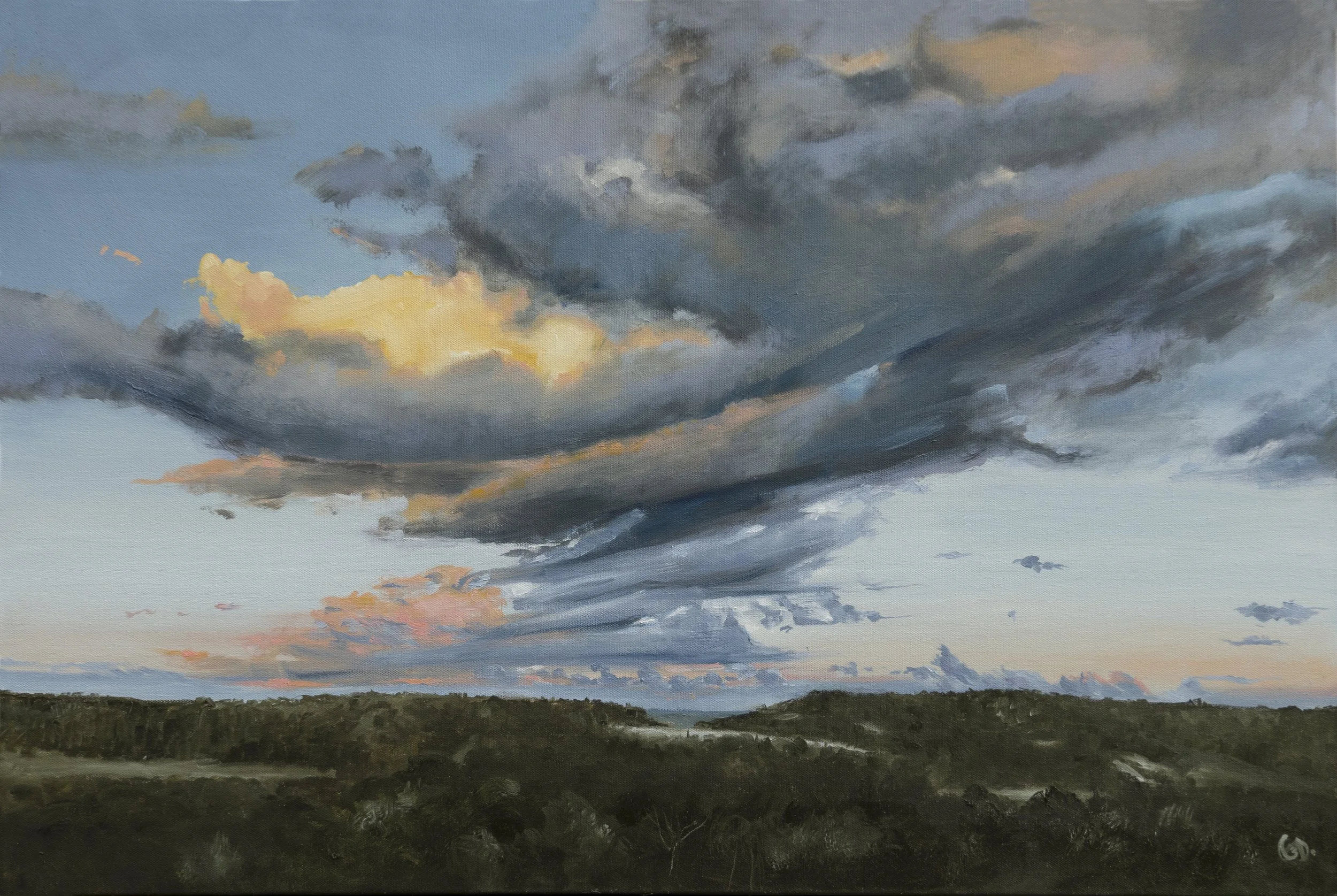 A landscape painting of a cloudy sky at sunset above a dark forested area and open fields.