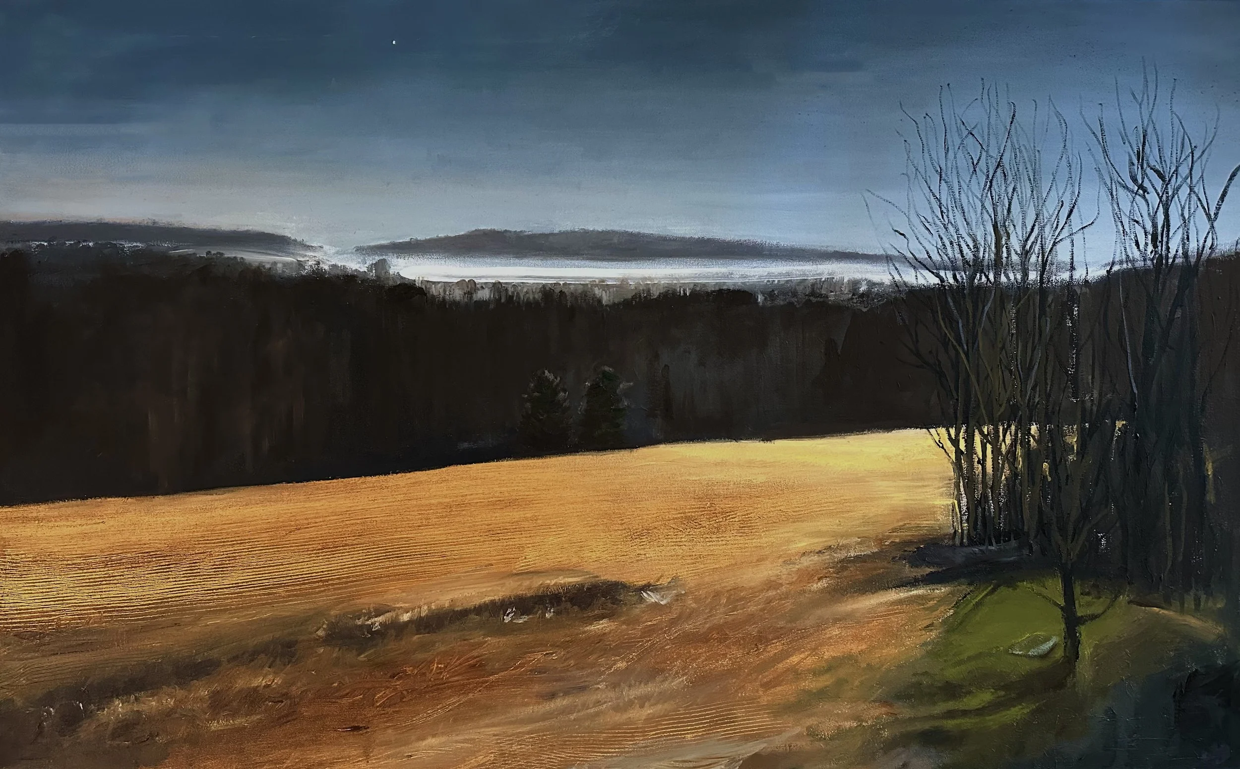 A landscape painting depicting a vast sky with clouds, dark trees along the horizon, and a field with warm tones in the foreground, and sparse leafless trees on the right side.
