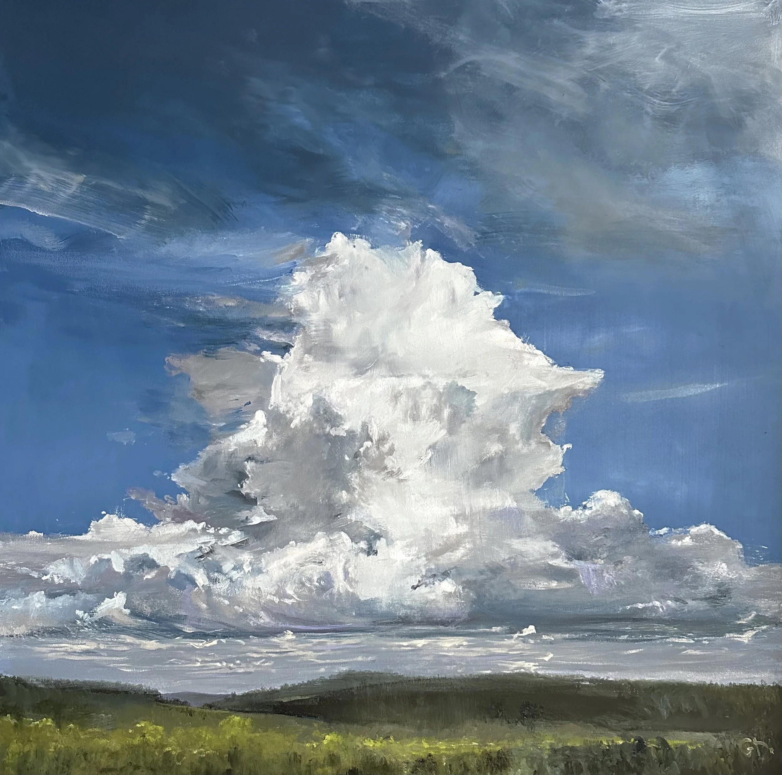 A landscape painting depicting a cloudy sky with white clouds and shades of blue, above a distant horizon with a mix of green and dark colors at the bottom.