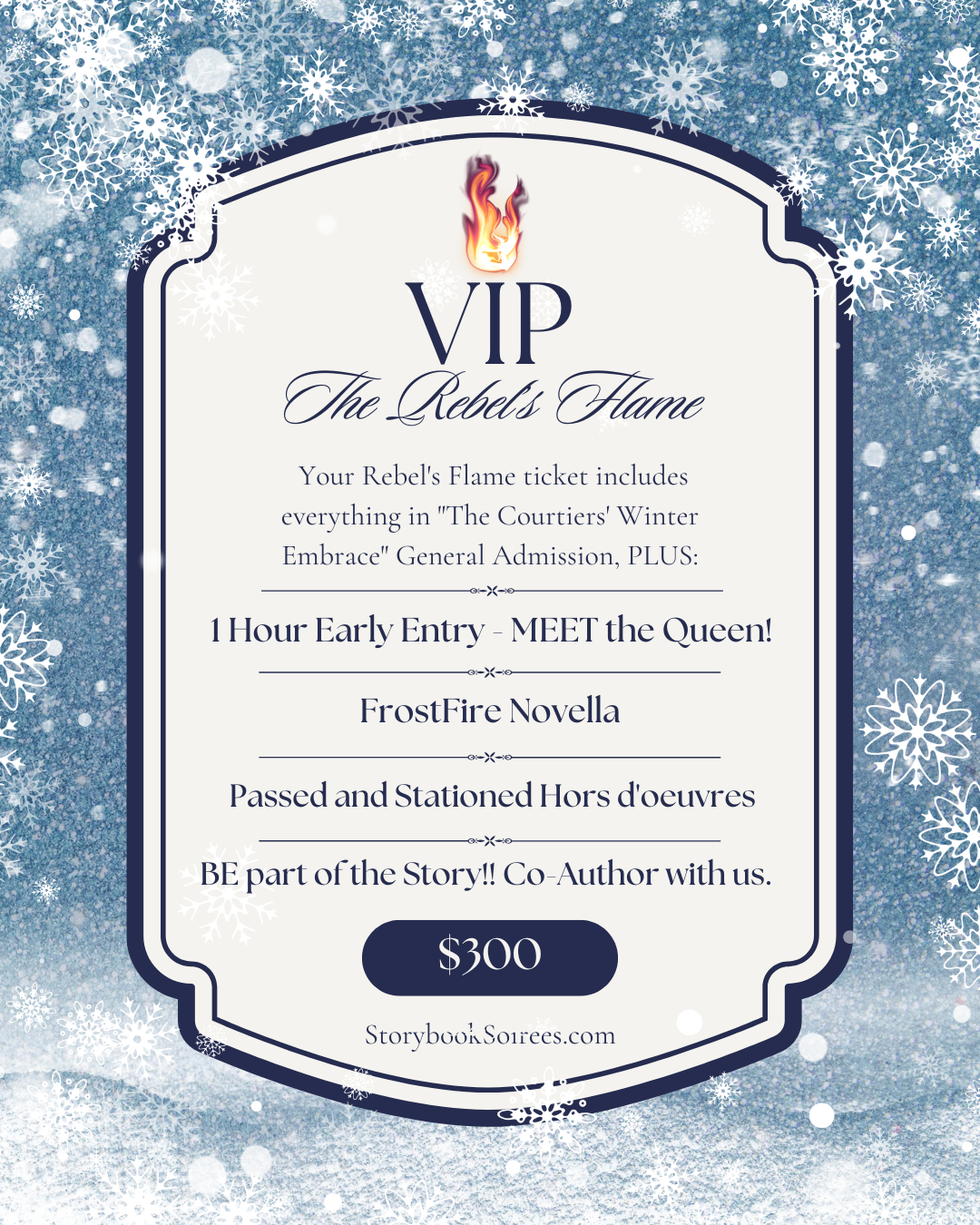 Invitation for a VIP event titled "The Rebel's Flame" with a snowy winter background, snowflakes, and a flaming torch logo at the top.