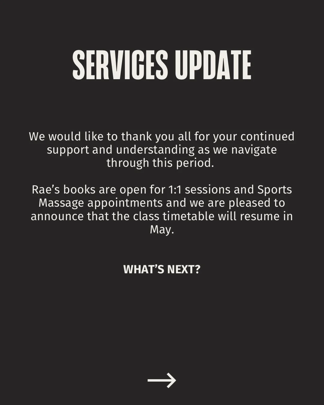 Thank you for your patience with us so far. 

We&rsquo;re pleased to announce that the class timetable will be resuming in May.

Classes will be on a phased return with one class on Thursdays @ 6pm. Starting 7th May. 

The Alternative Strength is now