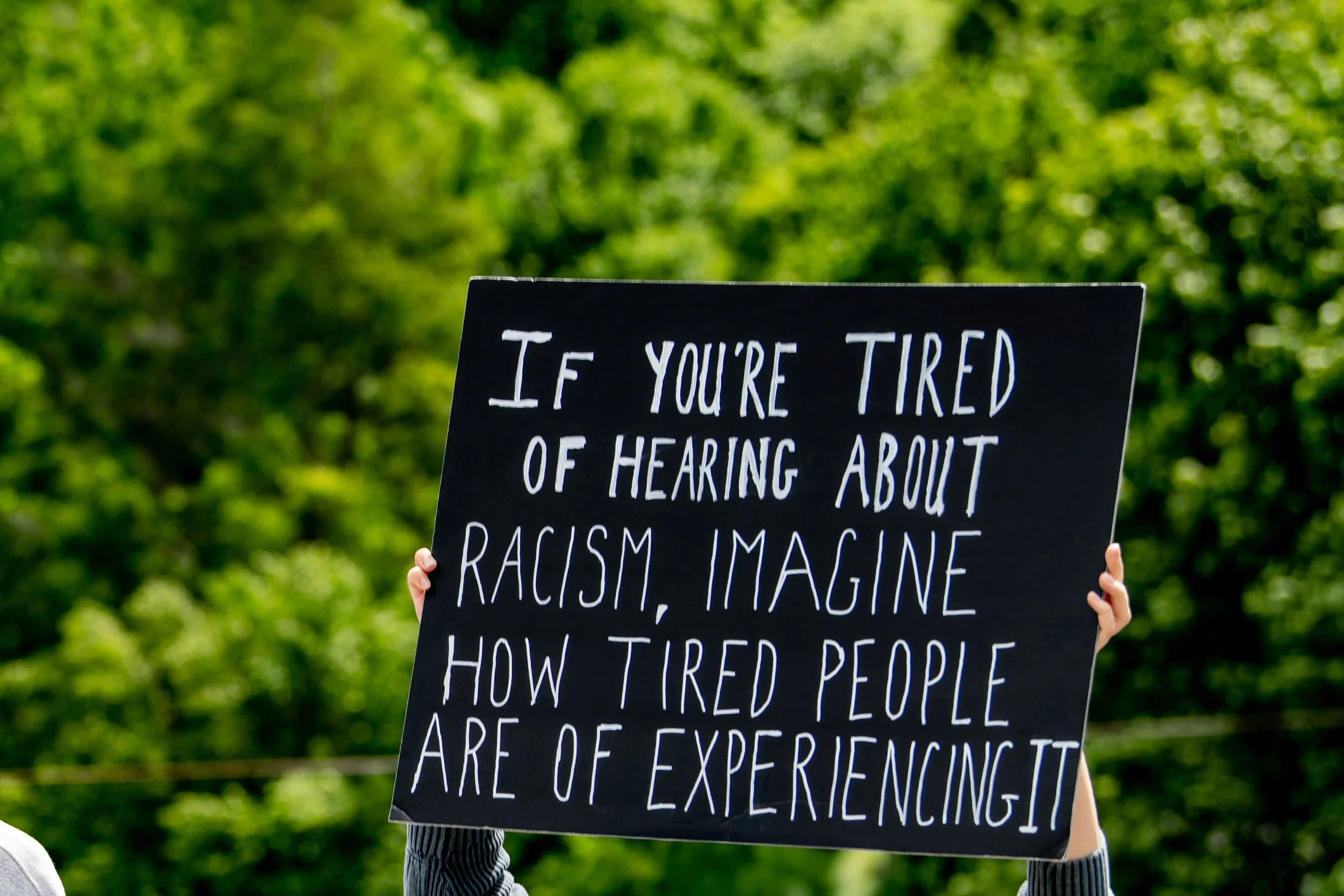 protest sign held up by two hands in front of forest