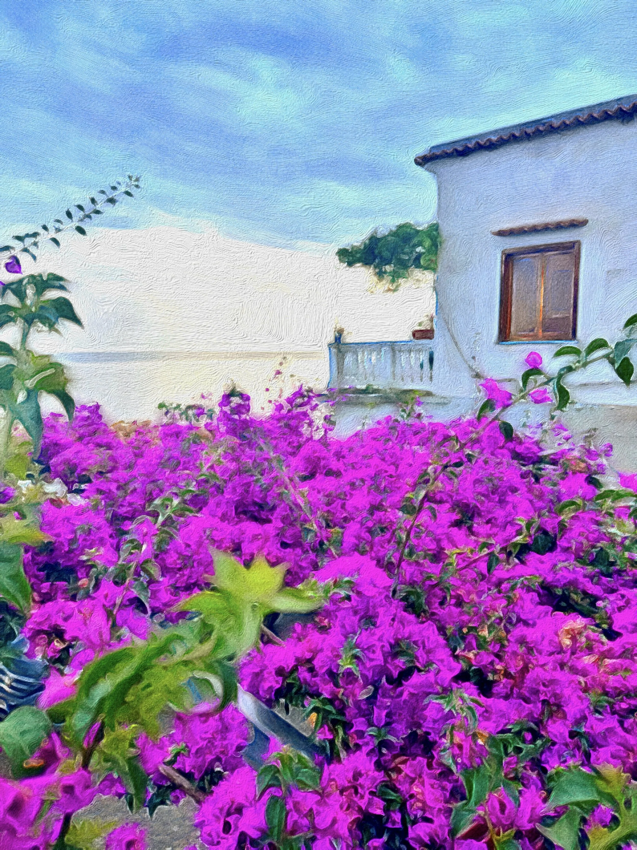 Stationery of a house in Italy and a balcony surrounded by bright pink bougainvillea flowers under a blue sky. Note cards from Italy and the Amalfi Coast. Stationery from the Mediterranean. 