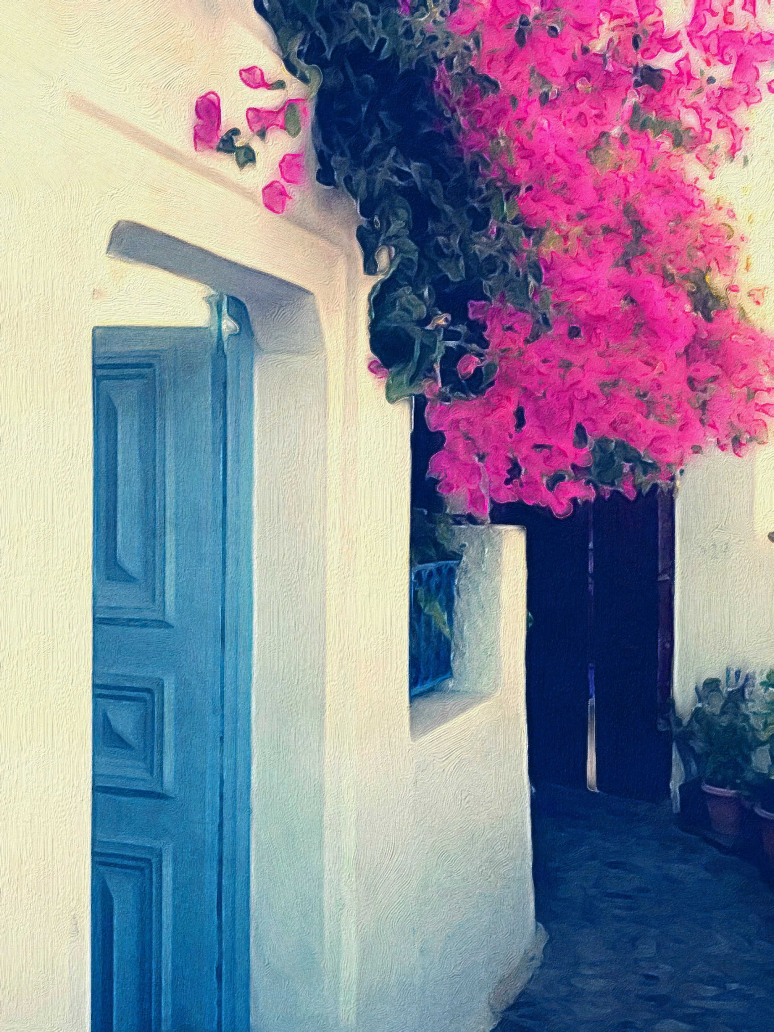 Note cards of a blue door and pink bougainvillea in Santorini, Greece. Stationery from the Mediterranean. 