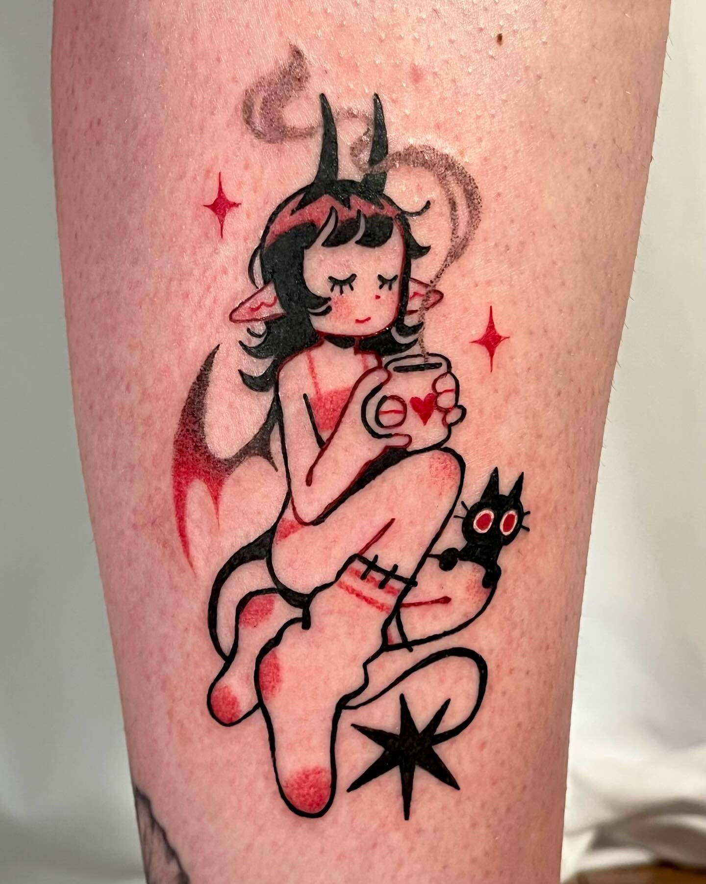 Lovely custom demon girl I did for Maia a bit ago! Tysm for the trust I am so happy with how she turned out &hearts;️&hearts;️&hearts;️
.
.
.
.
.
#tattoomontreal #montrealtattoo #montrealtattooartist #illustrativetattoo #blackandredtattoo #demontatto