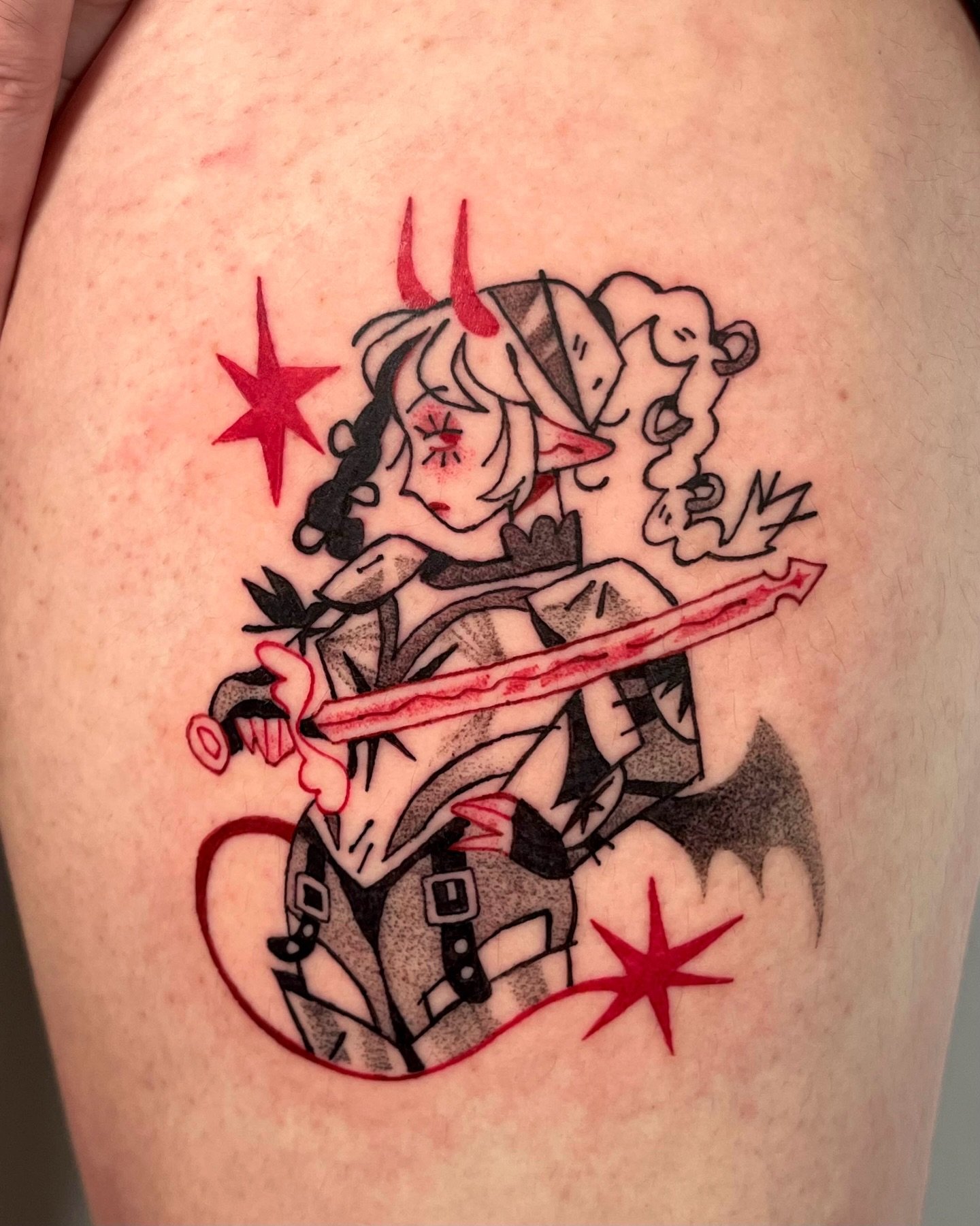 Had the pleasure of doing my Chappell Roan flash in red for lovely Marcy a while back!! Tysm for claiming her!
.
.
.
.
.
#tattoomontreal #chappellroan #montrealtattooartist #illustrativetattoo #blackandredtattoo