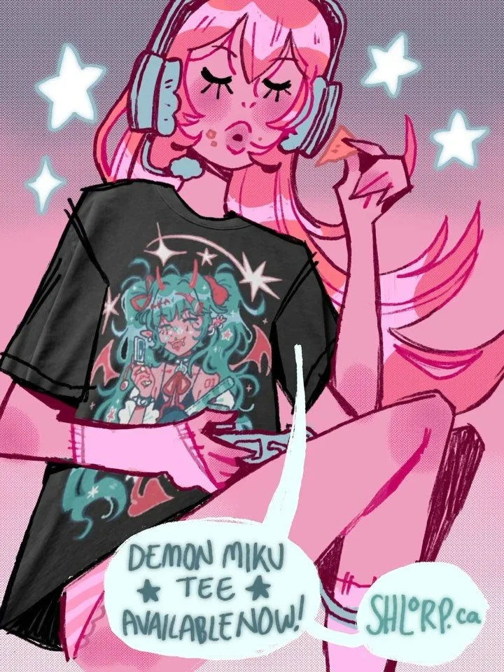 YIPPEEEE MIKU ENJOYERS UNITE!!! My Demon Miku tee is now available on my shop! I couldn&rsquo;t make it to Miku Expo this year but this is my contribution to the world ⭐️.

The very epic and talented @recurring.entropy.tattoo and @flesh.engraver have