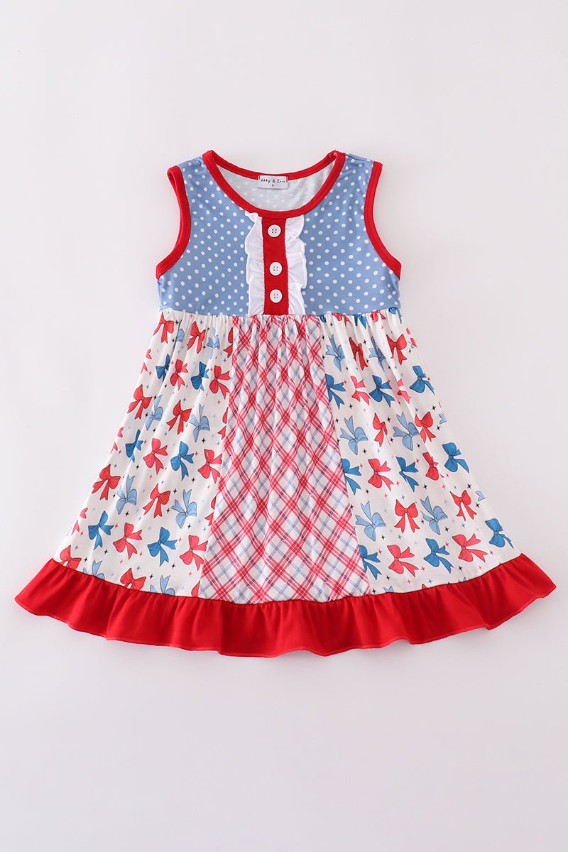 BLUE BOW PRINT RUFFLE DRESS