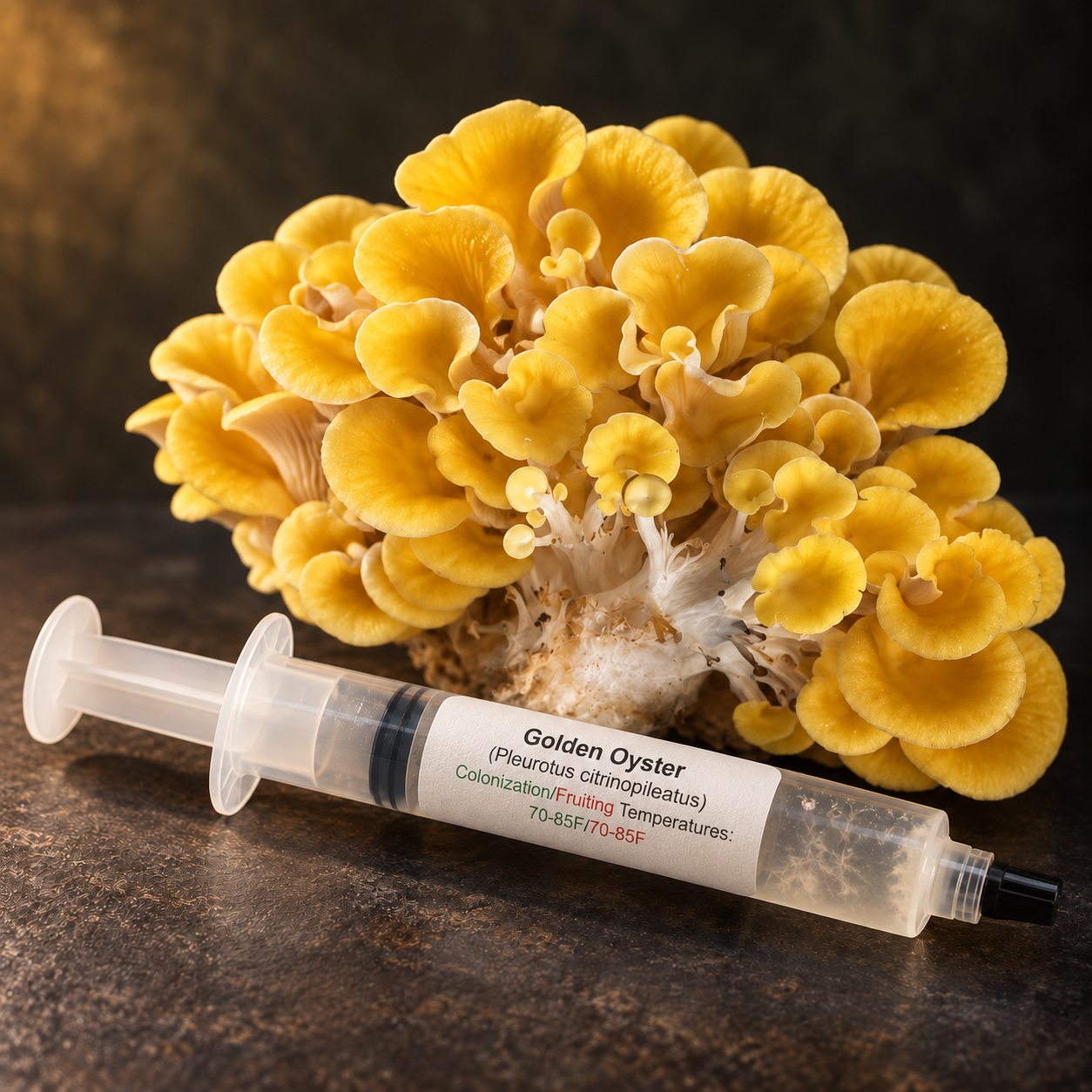 Golden oyster mushroom cluster with a labeled liquid culture syringe.