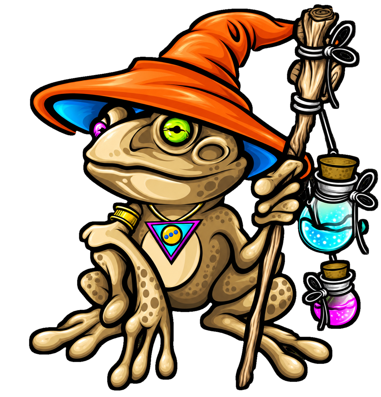 Froggy, the Texas Toadstools wizard frog, wearing an orange hat and holding a wooden staff with colorful potion bottles.