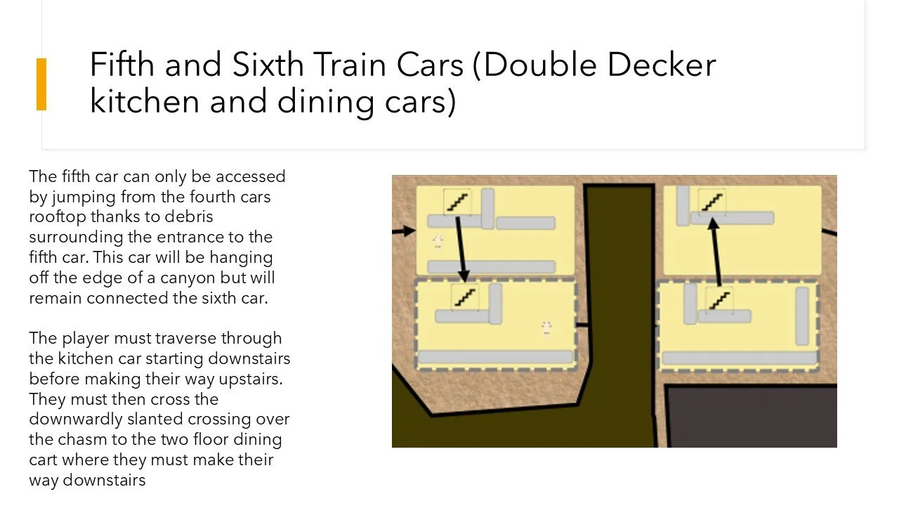Diagram of fifth and sixth train cars labeled as double-decker kitchen and dining cars, accompanied by descriptive text. The text explains accessibility and navigational aspects, indicating the fifth car hangs over a canyon but is connected to the si