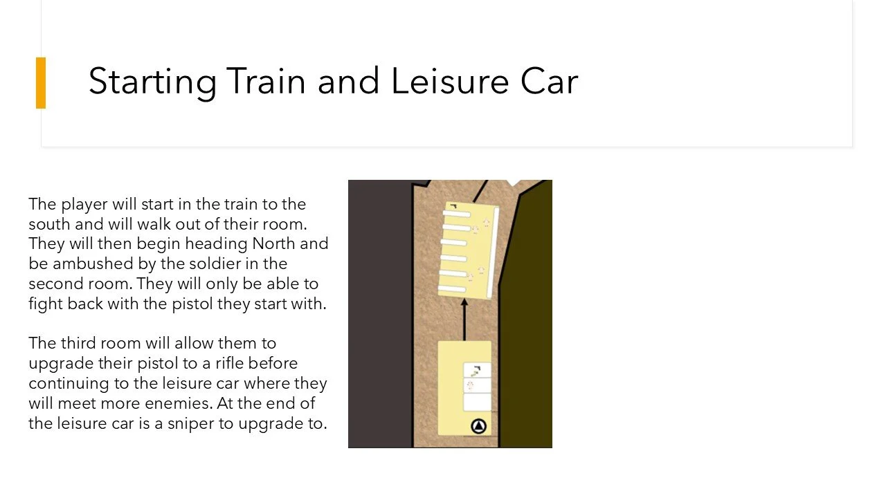 Game level map and instructions featuring a train and leisure car, with directions for player progression and upgrades.