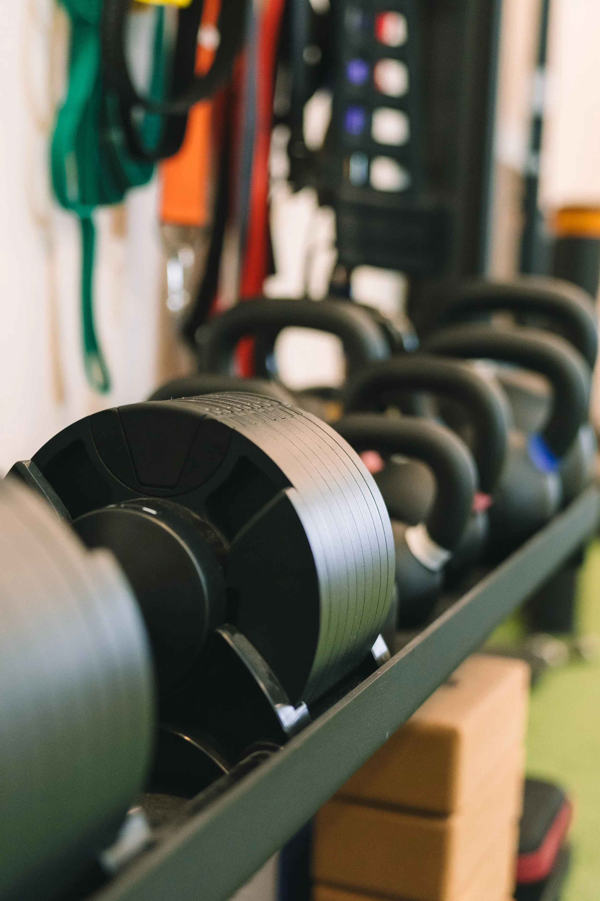 A row of black kettlebells of varying sizes on a gym rack in a fitness center.