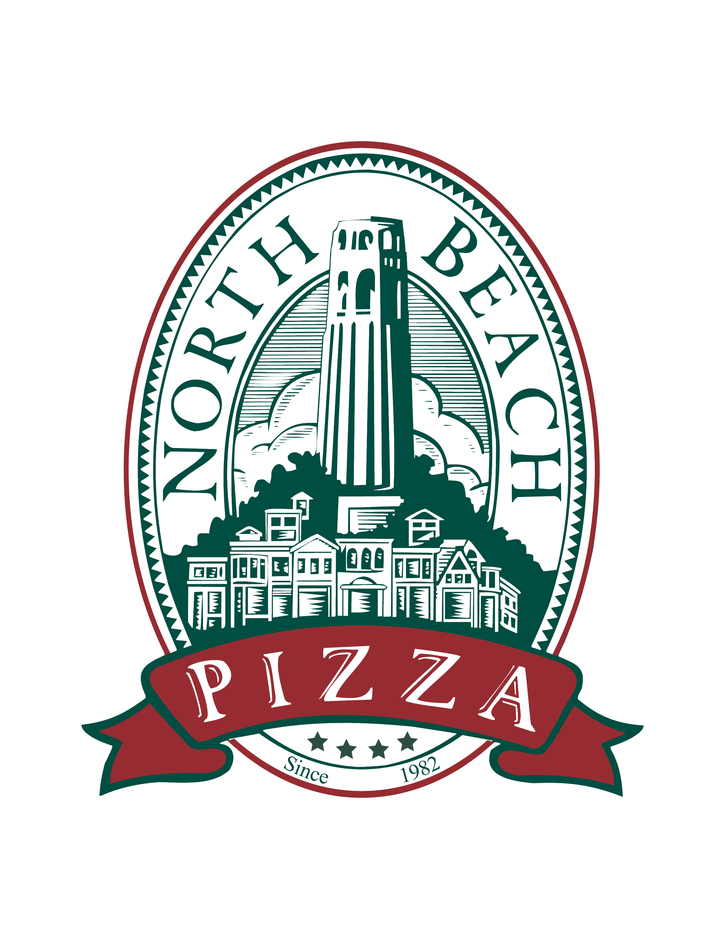 Logo for North Beach House Pizza with an illustration of a tall tower and houses, and the text 'Since 1982'.