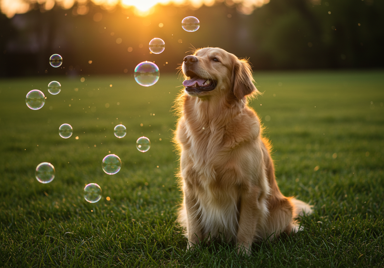 A Golden Retriever sits on fresh spring grass with soap bubbles at the sunset