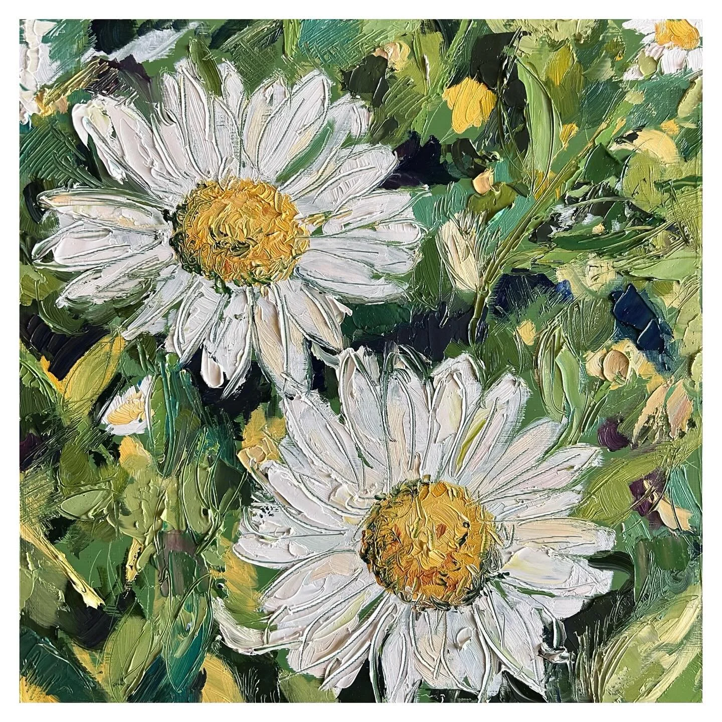 Been awhile since I&rsquo;ve done a floral painting, so I decided to do a daisy duo

10&rdquo;x10&rdquo;, oil on wood panels

#oilpainting #floralpainting #paletteknife #impressionism #artonwoodpanel #customart #wichitaartist #texture #daisys
