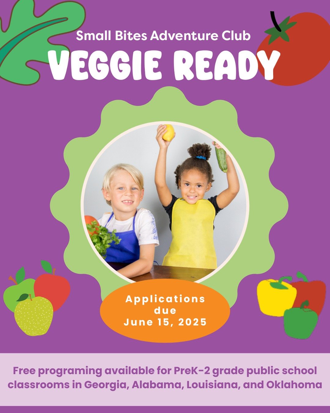 🍅✨ Applications are OPEN for our Fall 2025 Veggie Ready Cohort! ✨🥕

Calling all PreK&ndash;2-grade teachers who are ready to:

✅ Explore one fruit and veggie-based, kid-friendly recipe per month
✅ Tie in math, literacy &amp; more
✅ Inspire lifelong