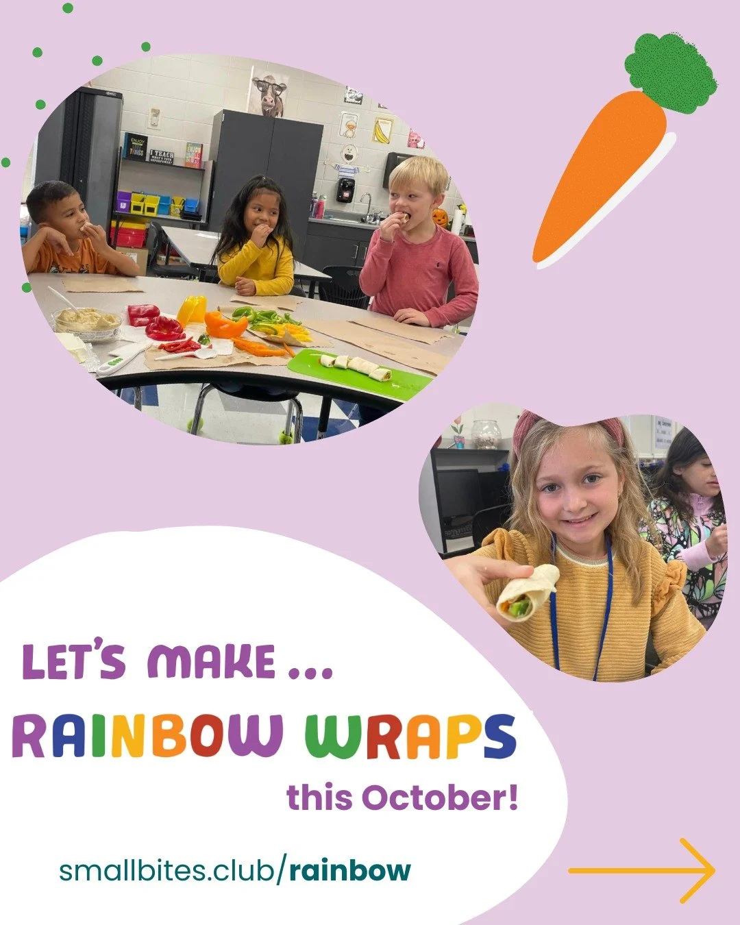 🌈 Have you signed up to Eat the Rainbow in your classroom this October?

PreK&ndash;2nd grade teachers: Small Bites Adventure Club is sharing FREE digital resources to help you lead a hands-on Rainbow Wraps with Peppers recipe your students will lov