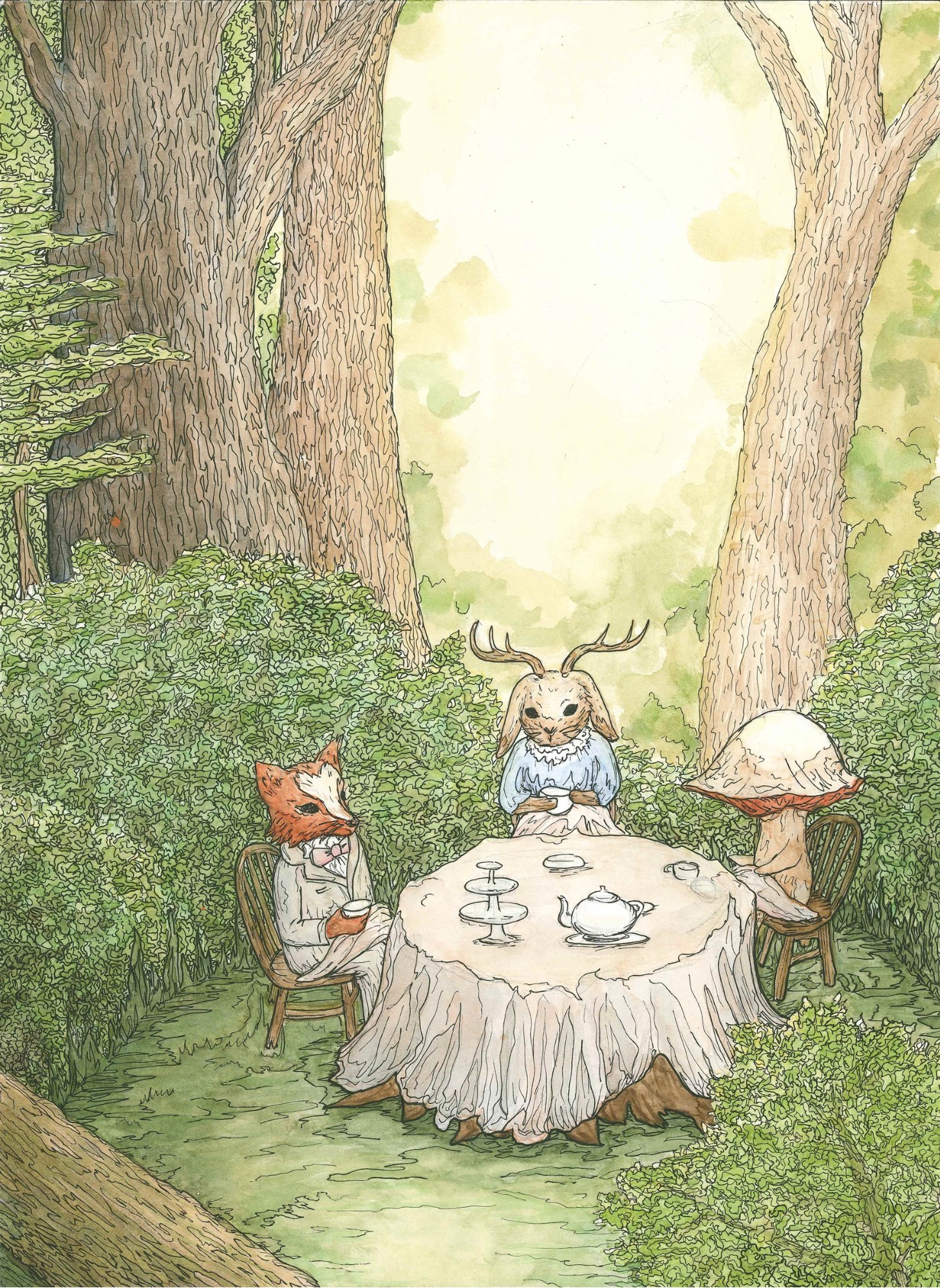 "Our Creepy Collection of Friends" Cryptid Tea Party Watercolor Illustration 2025