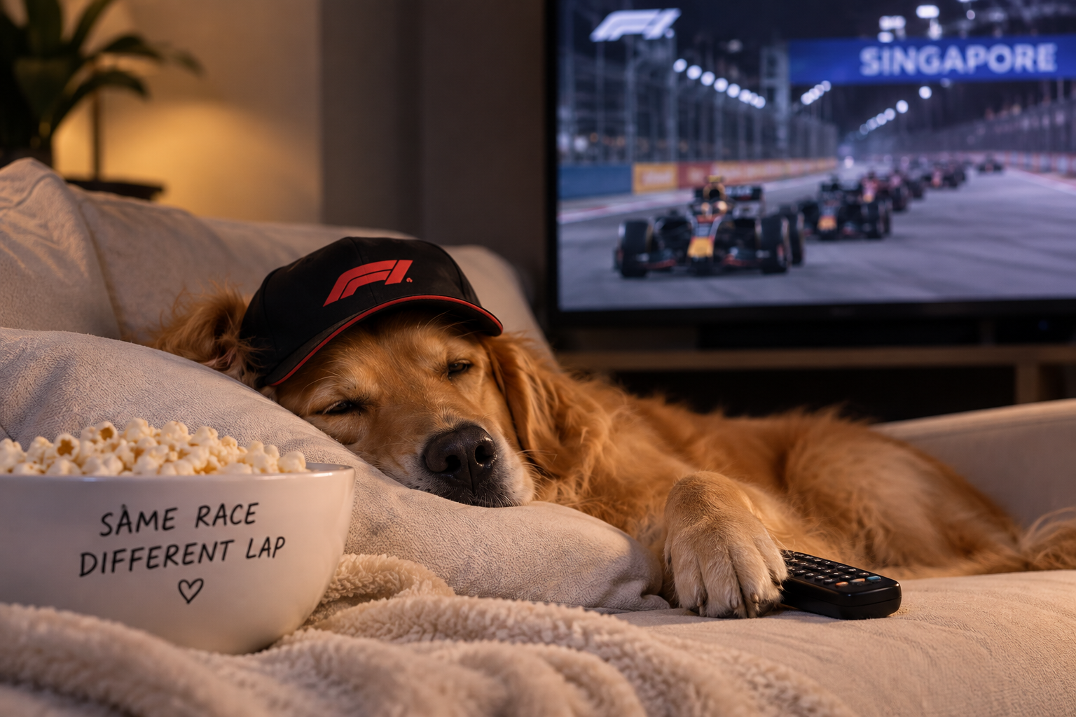 A sleepy golden retriever wearing an F1 cap on a sofa while watching the 2026 Singapore Grand Prix on television.