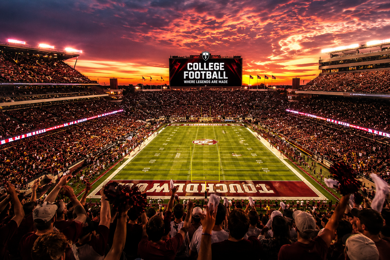 College football stadium packed with fans at sunset