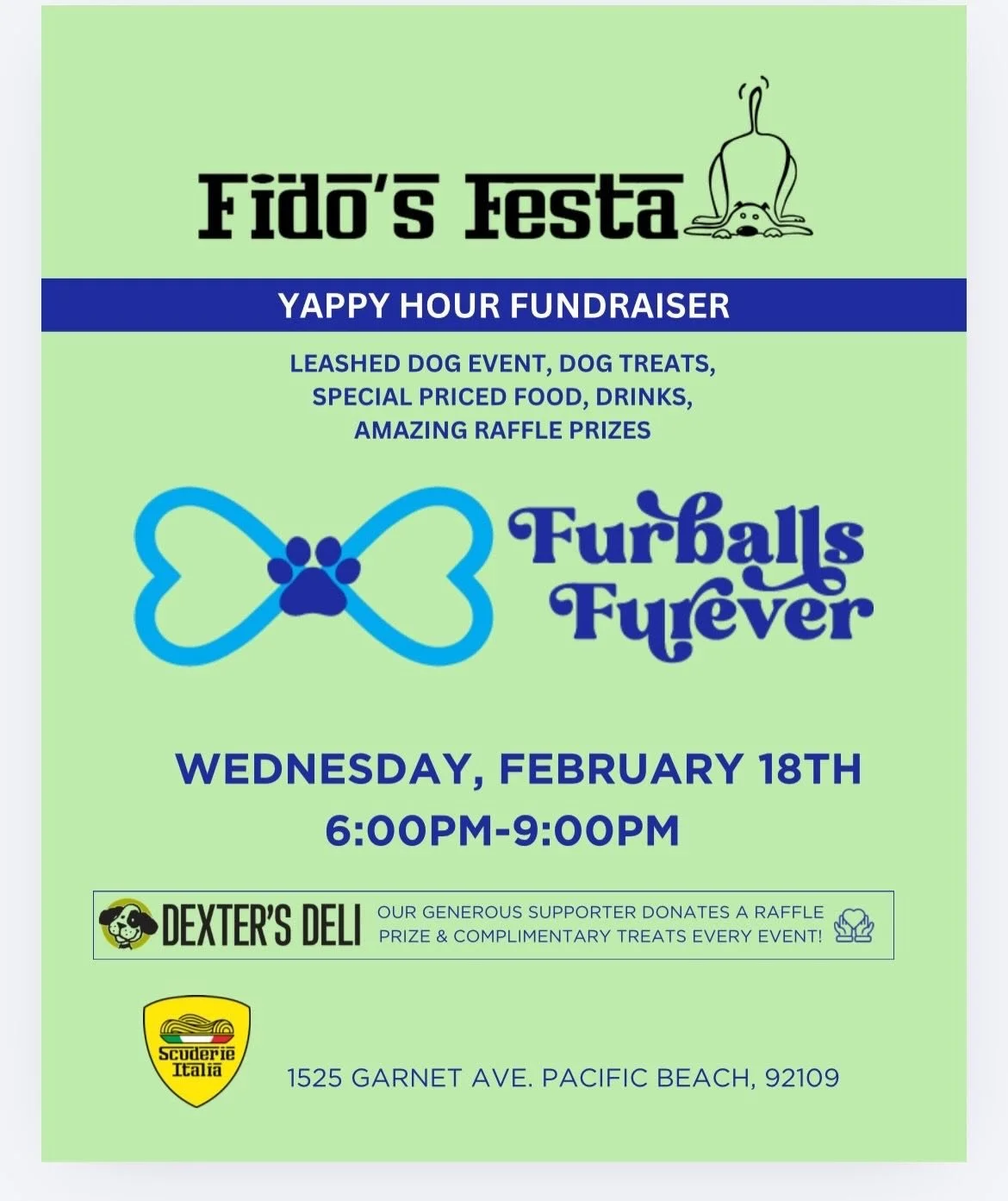 Pacific Beach friends (and anyone for that matter)! Please join us and @fidosfesta TOMORROW, 2/18 from 6-9pm at @scuderie_italia for Yappy Hour! There will be a raffle prize, delicious food and drinks for sale, and our sweet adoptable girl, Olive 🥰 