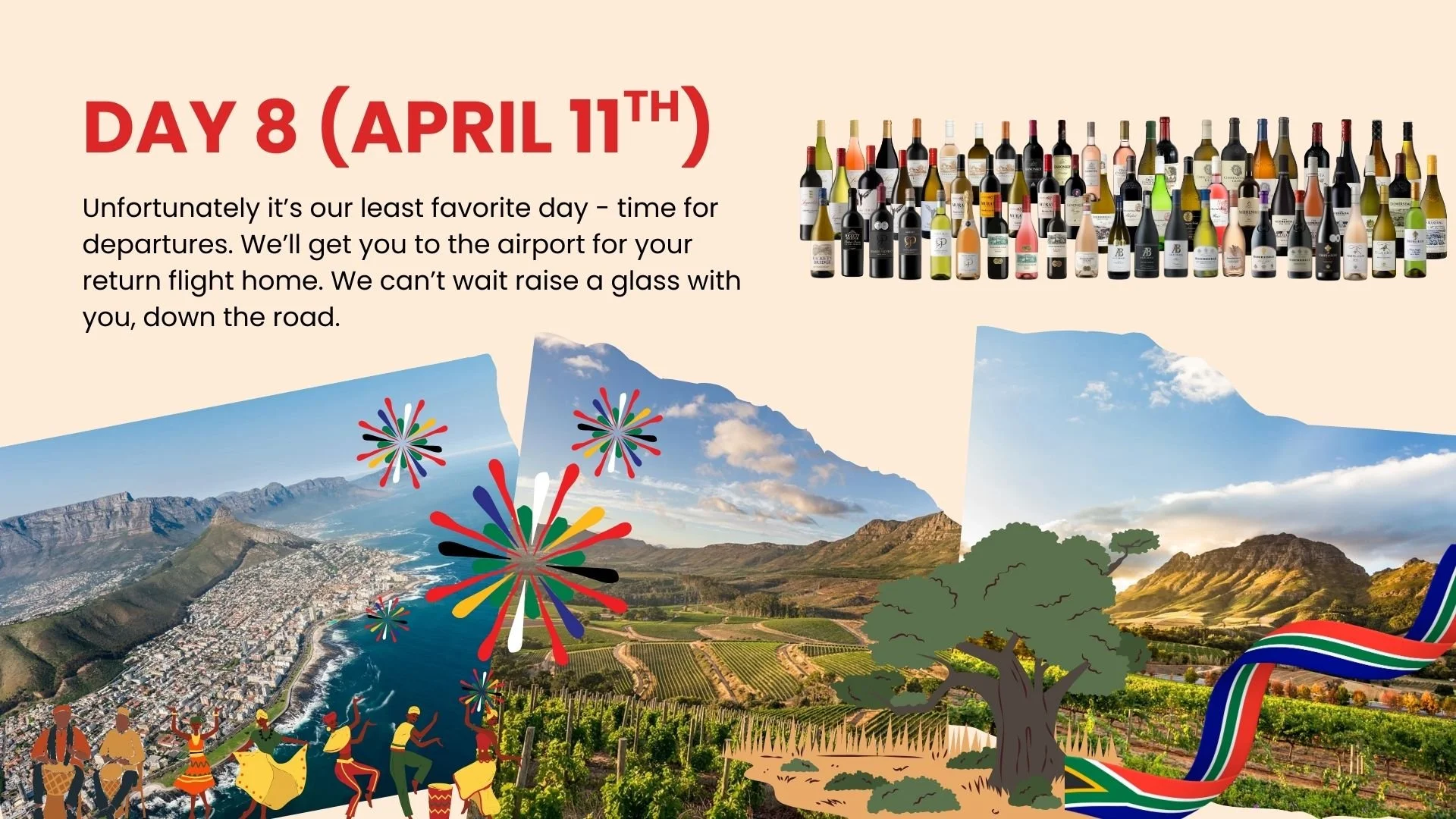 Celebration of Day 8 (April 11th) with colorful fireworks, vineyards, mountain landscape, and people dancing in traditional attire, along with illustrations of wine bottles.