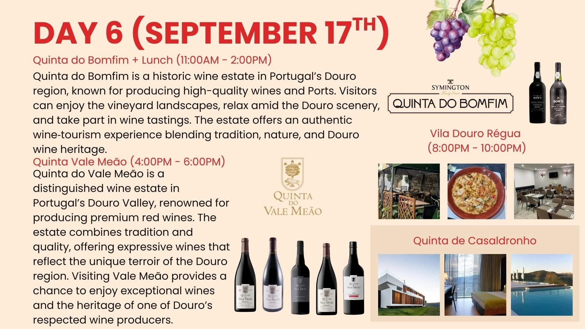 An event schedule details Day 6, September 17th, with wine tastings and food experiences in Portugal. Includes times and descriptions for Quinta do Bomfim, Quinta Vale Meão, Vila Douro Régua, and Quinta de Casaldranho, with images of wine bottles, dining areas, pizza, and a hotel room with a balcony and pool.