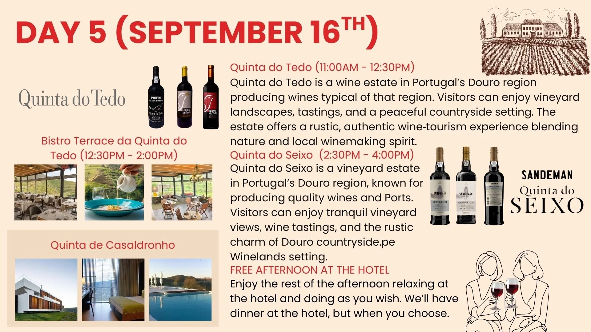 An event schedule for day 5 on September 16th, featuring wine tastings at Quinta do Tedo and Quinta do Seixo in Portugal's Douro region, with descriptions of winery experiences, wine listings, and images of wine bottles, vineyard landscapes, and a hotel room.