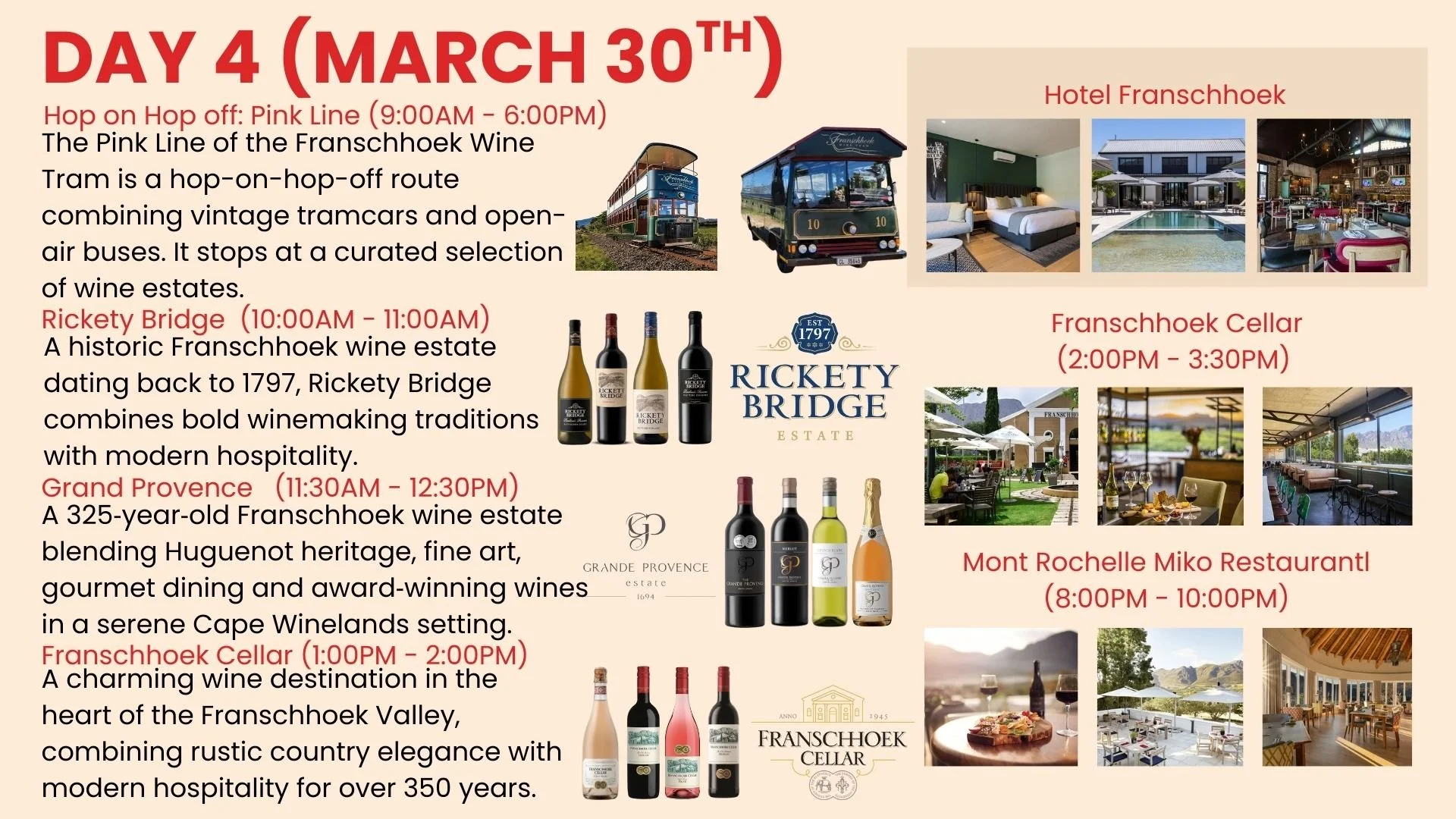 Schedule of wine estate tours and activities on March 30th, featuring images of vintage tram, hotel rooms, wine bottles, lush outdoor seating, and vineyard dining areas.