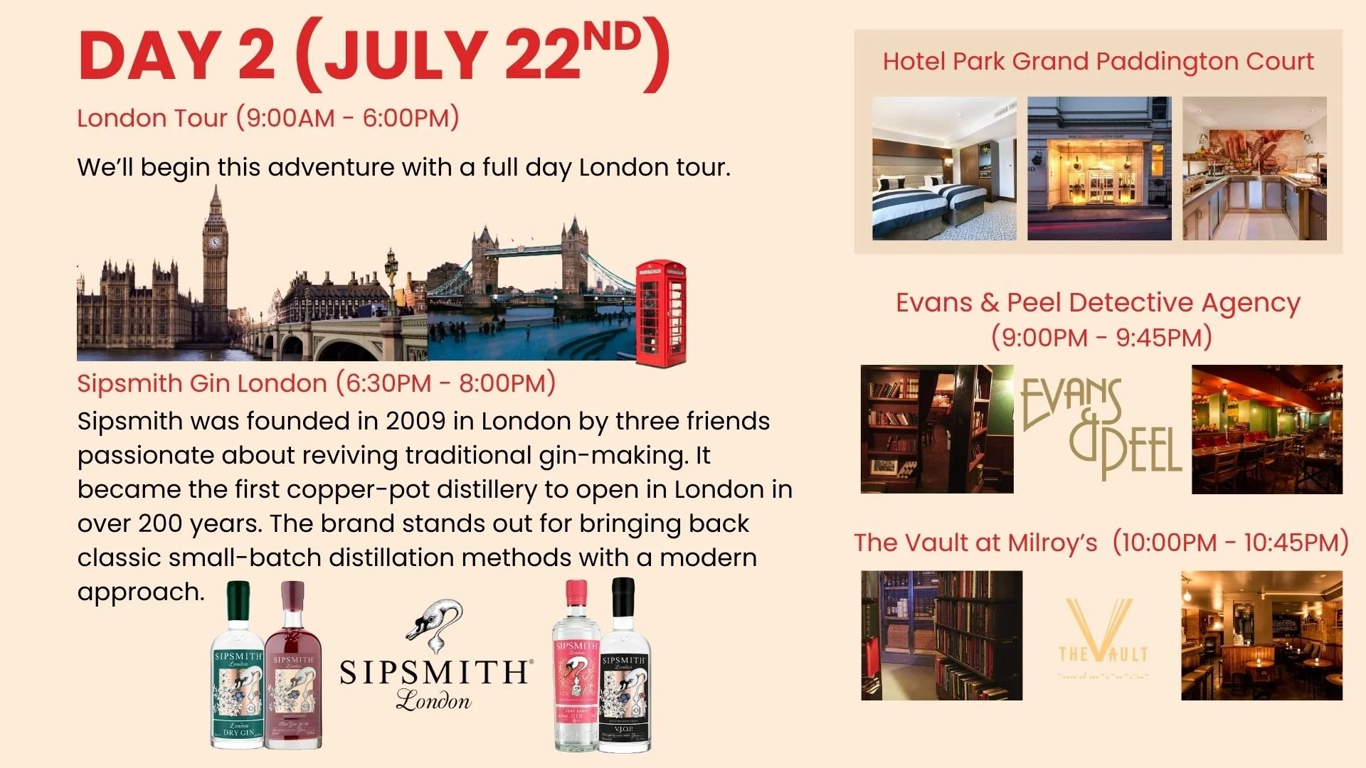 Schedule for Day 2 on July 22nd highlighting London tour, Sipsmith Gin London, Hotel Park Grand Paddington Court, Evans & Peel Detective Agency, and The Vault at Milroy's with respective times and images of hotels, gin bottles, a bookshelf, and a pub interior.