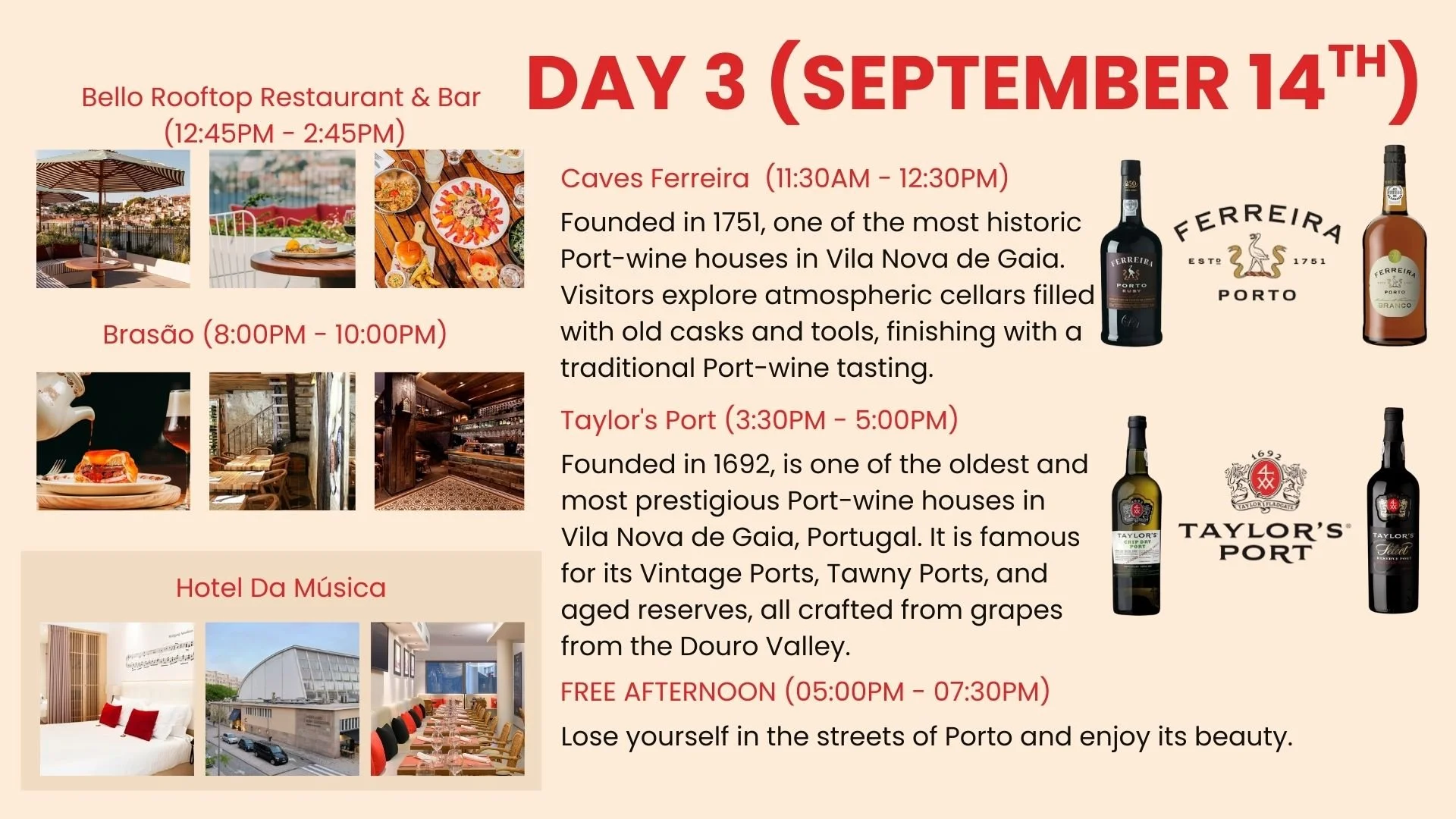Schedule for Day 3 (September 14th) at Belo Rooftop Restaurant & Bar with event times, descriptions, and images of wine and port bottles, restaurant scenes, and accommodations.