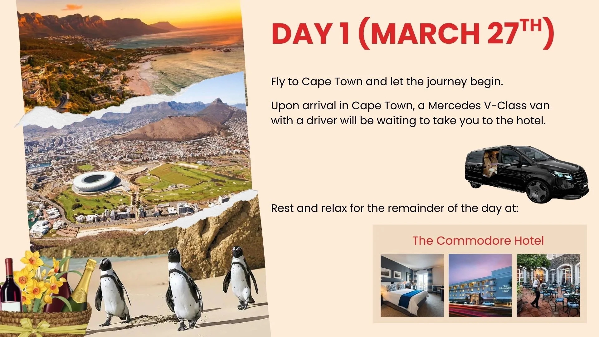 A travel itinerary for a trip to Cape Town, South Africa, with aerial photos of the city, beaches, and stadium, three penguins on the beach, a gift basket with wine bottles and flowers, and a black Mercedes van. The itinerary details day 1 activities, including a flight to Cape Town, hotel transfer, and leisure at a hotel named The Commodore Hotel with interior and exterior photos.